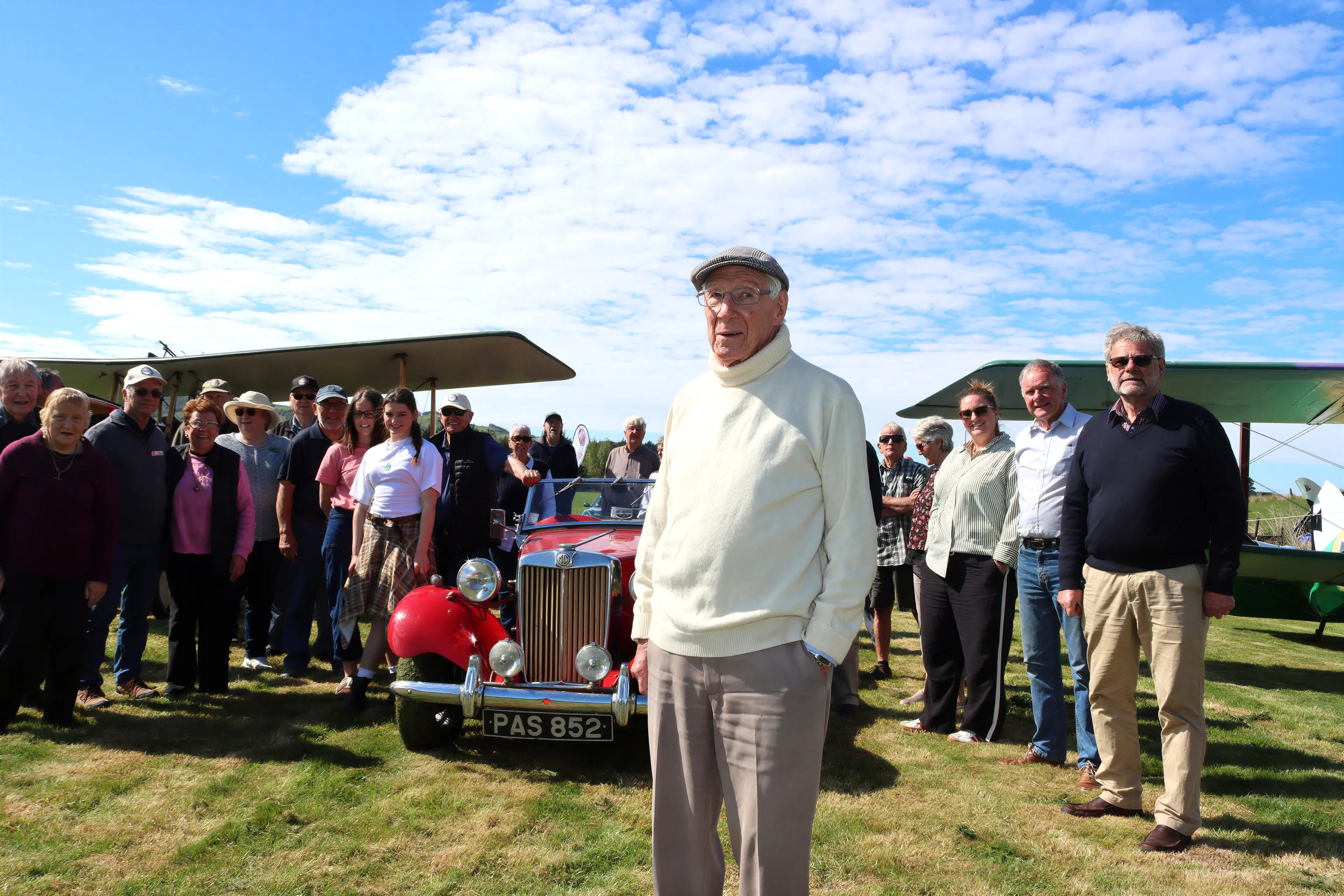 Members of the MG Car Club Otago Southland as well as the Otago branch of Vintage Car Club of New Zealand recently gathered in Fairfield to celebrate the 98th birthday of Tom Grant. Photo: Sam Henderson