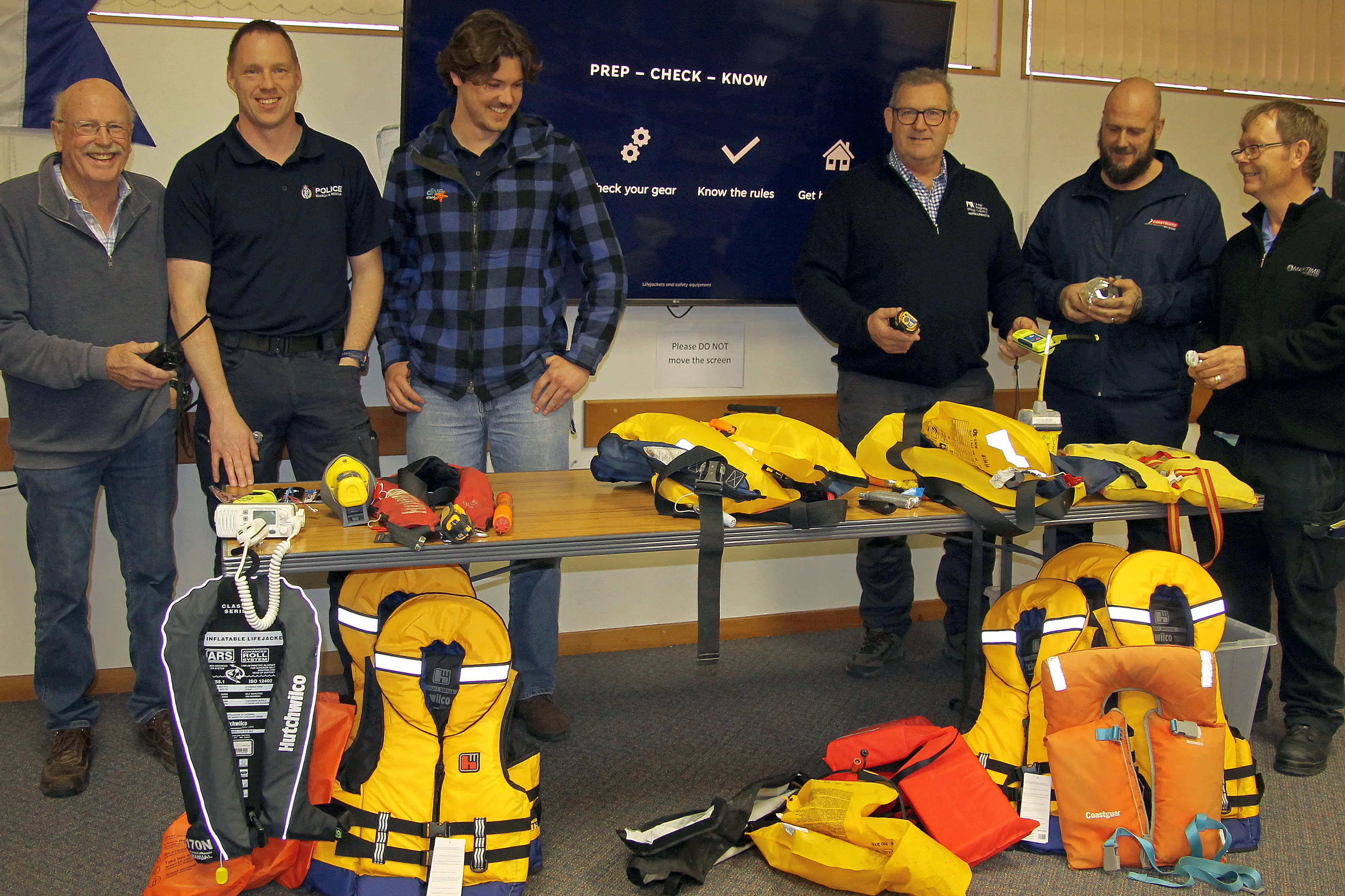 Otago officials, from left, Martin Balch of Maritime Radio, Otago Coastal Search and Rescue policeman Matt Sheat, Dive Otago\\'s Mitch Gray, ORC Harbourmaster Steve Rushbrook, Blair Olsen from Coast Guard Dunedin and Steven Hainestock of Maritime New Zealand at their Balclutha boatie safety presentation last week. Photo: Nick Brook