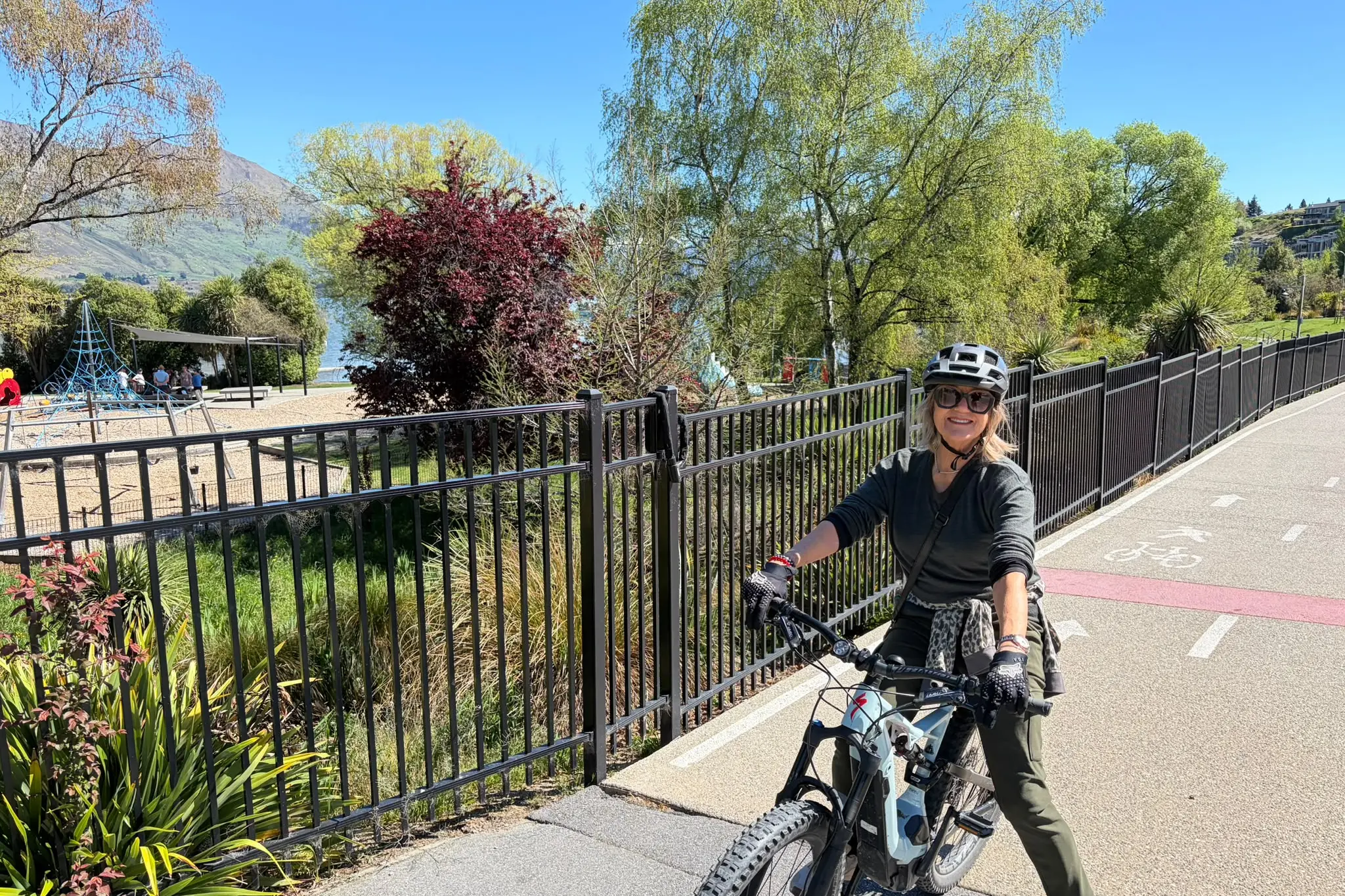 Celia Laity, visiting W\\u0101naka from Raglan, loves the shared path on Lakeside Rd, but feels that the way it ends is confusing. Photo: Ruairi O\\'Shea