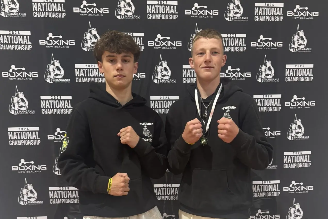 Timaru Boxing Association Gym boxers George Cann (left) and William Crooks, both 16, put on strong showings at the Boxing New Zealand National Championships. Photo: Supplied