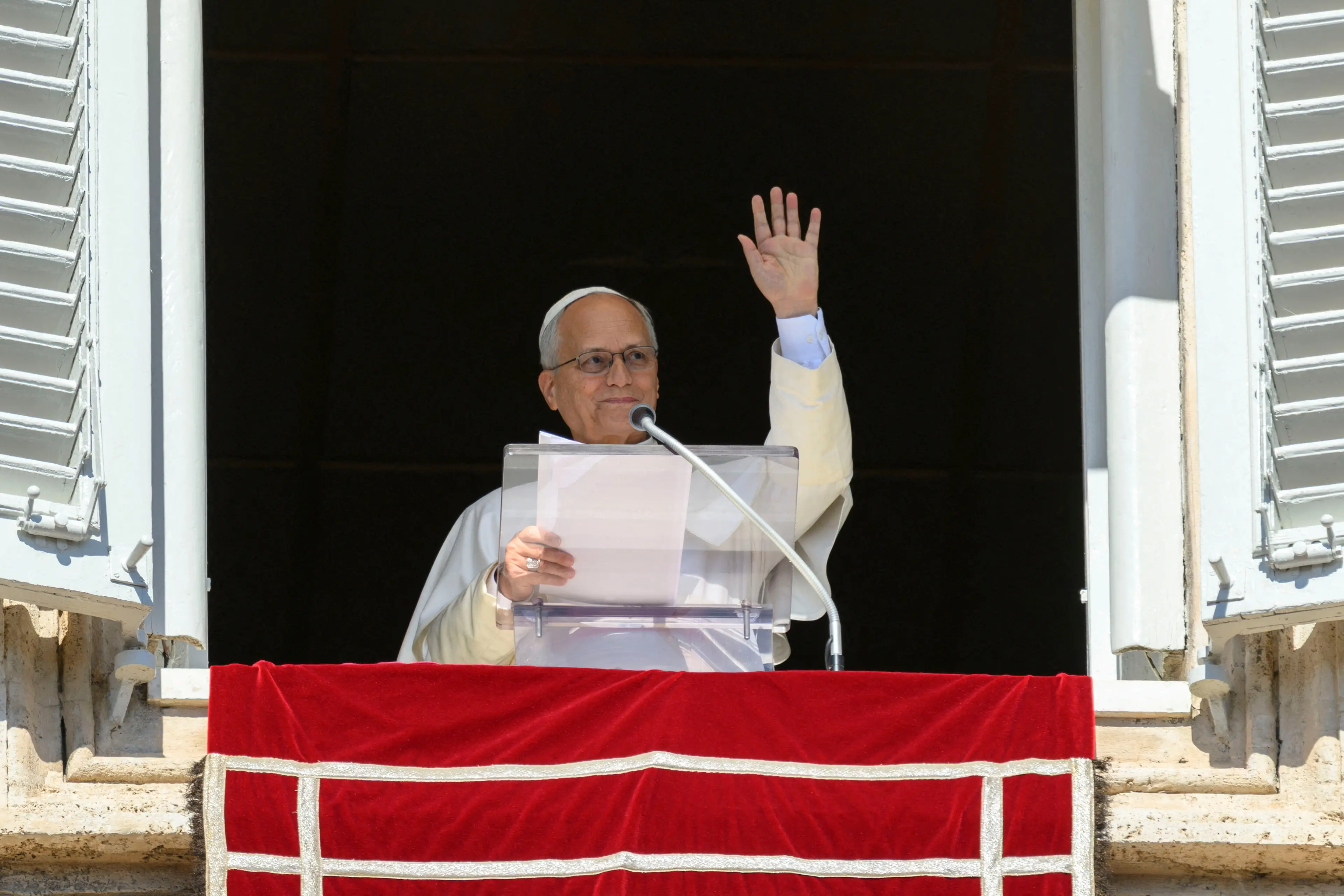 Pope Leo leads the Angelus prayer at the Vatican on Sunday.  Photo: Vatican Media/Elisabetta Trevisan/\\u00ADHandout via Reuters