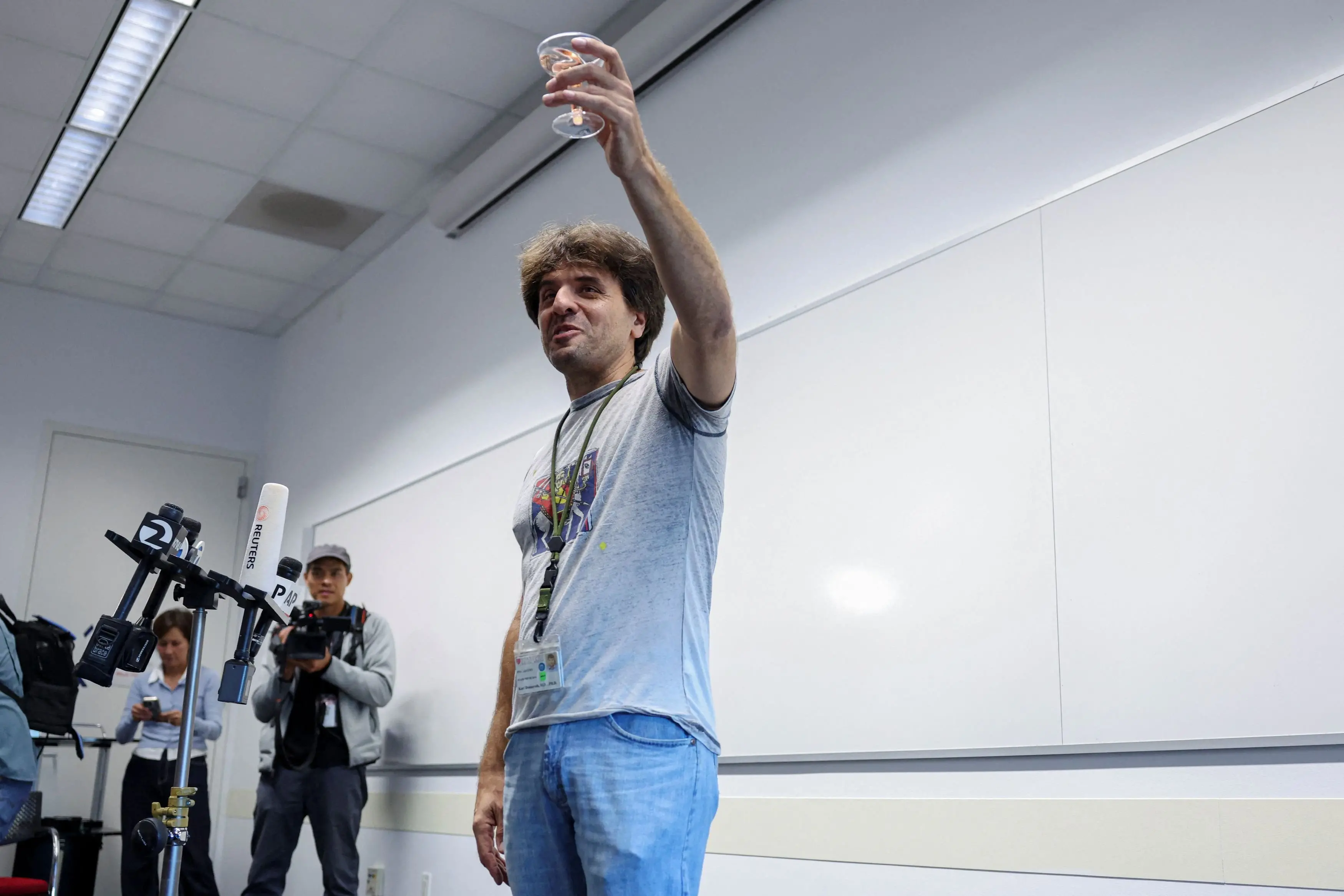 Karl Deisseroth, a co-winner of the 2026 Nobel Prize in physiology or medicine, celebrates at Stanford University\\'s James H. Clark Center in Stanford, California in May. Photo: Reuters
