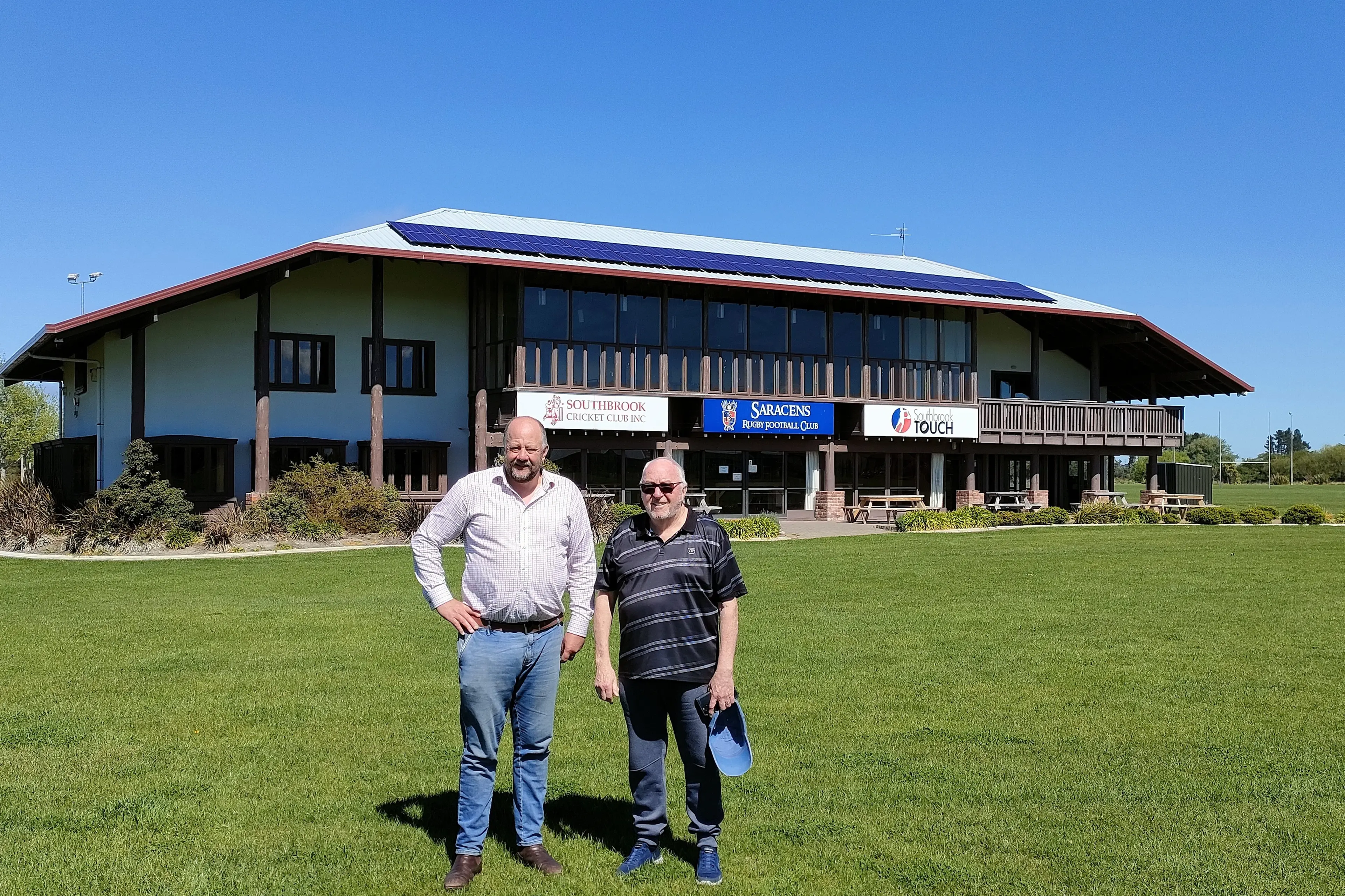 Ageing building . . . Waimakariri district councillor Tim Fulton (left) and Southbrook Community Sports Club president Gary McNicholl outside the ageing Southbrook Pavilion. Photo: David Hill