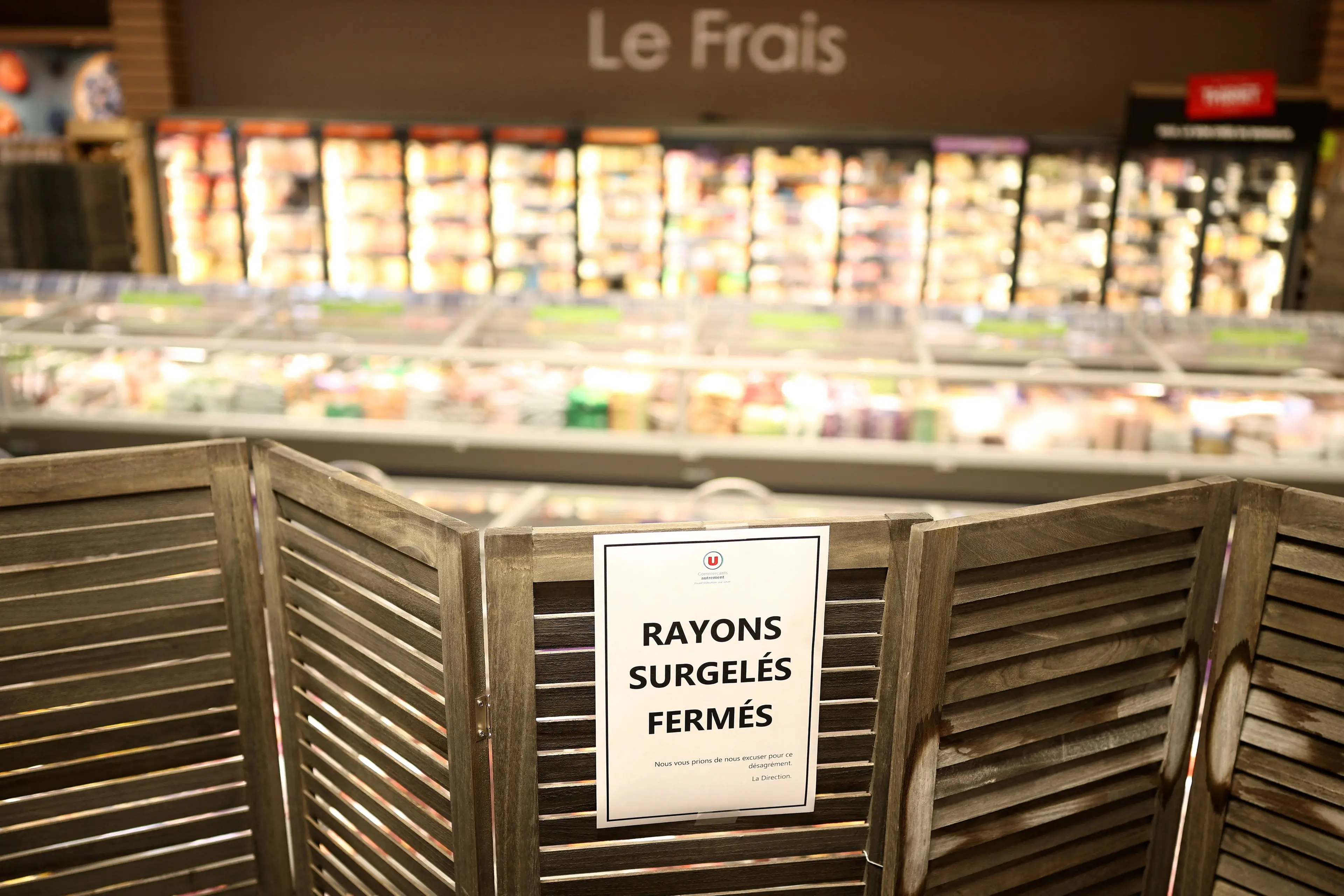 A closed frozen food aisle at a supermarket near Nantes following the cyberattack. Photo: Reuters