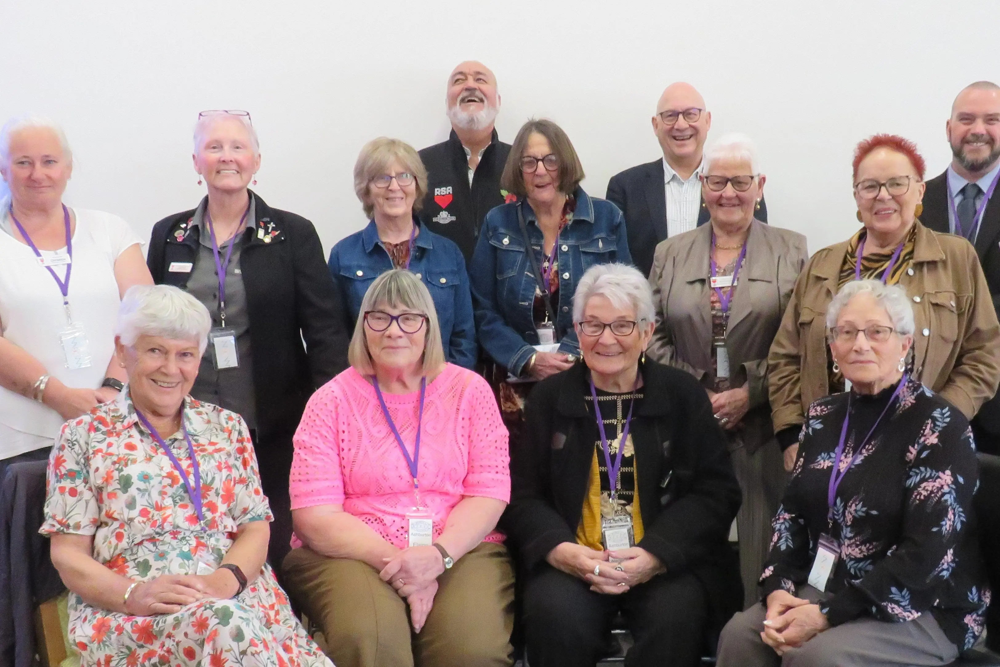 Members of Ashburton Returned and Services\\' Association Women\\'s Section along with back row from left Royal New Zealand RSA president Tony Hill, board chair Rhys Jones and Ashburton president Rob Aldridge, second row 2nd from left Canterbury District RSA president Michelle Brown. Photo: Dellwyn Moylan