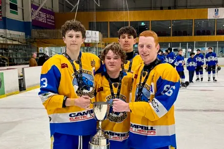 Enjoying spoils of victory: From left, Junior Stampede\\u2019s Jacob Exell, Jake Hutchins, Raphael Guyot De La Pommeraye and Ben Dixon celebrate claiming\\u00A0New Zealand\\u2019s U18 title for the second year running. Photo: Supplied