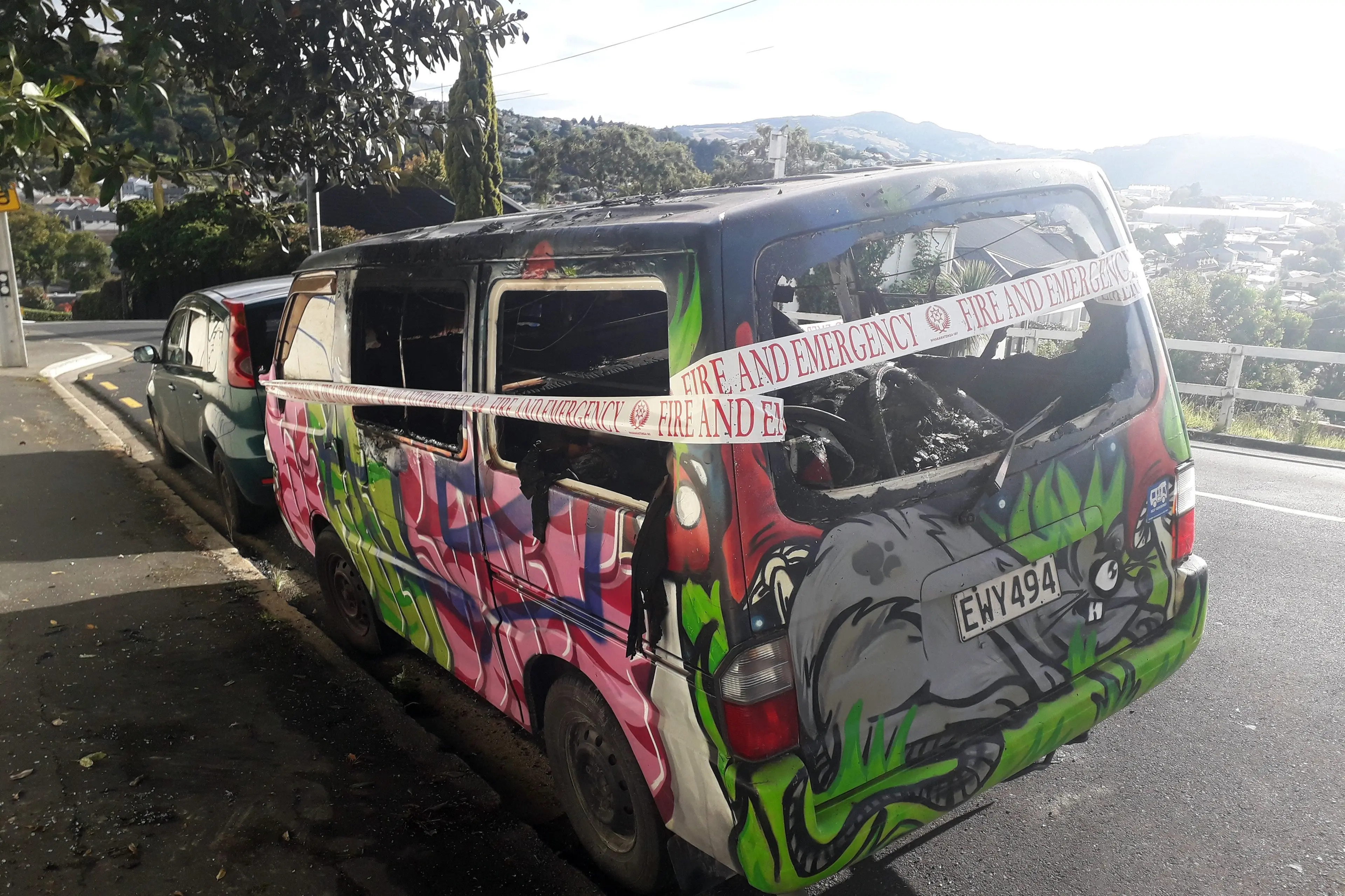 The victim\\'s van after it was set alight by the defendants in 2024. Photo: Supplied