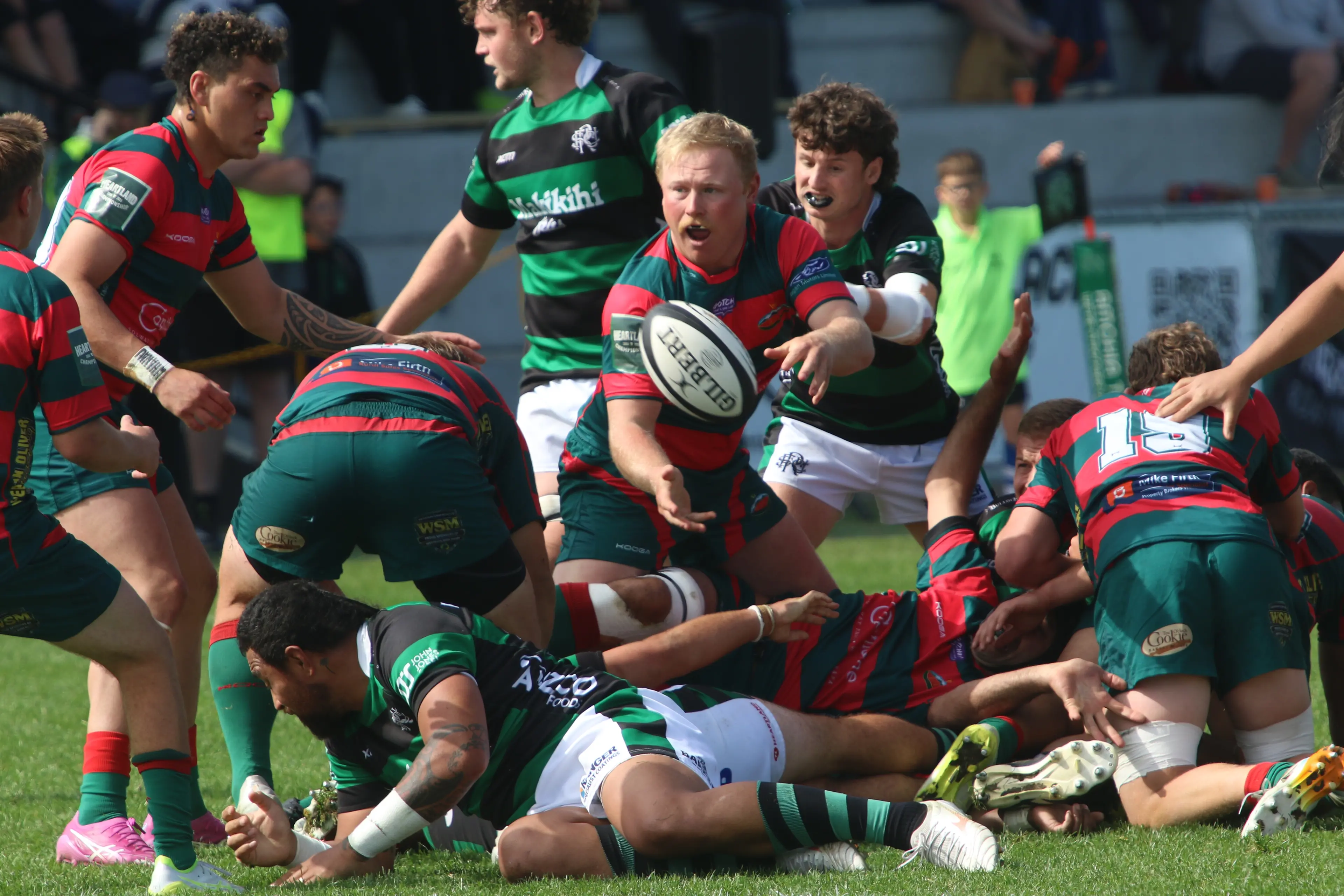 Wairarapa Bush\\'s Josh Cavanagh frees the ball in Saturday\\'s match against South Canterbury at Fraser Park. South Canterbury secured the win with a final score of 36-26. Photo: Stu Piddington