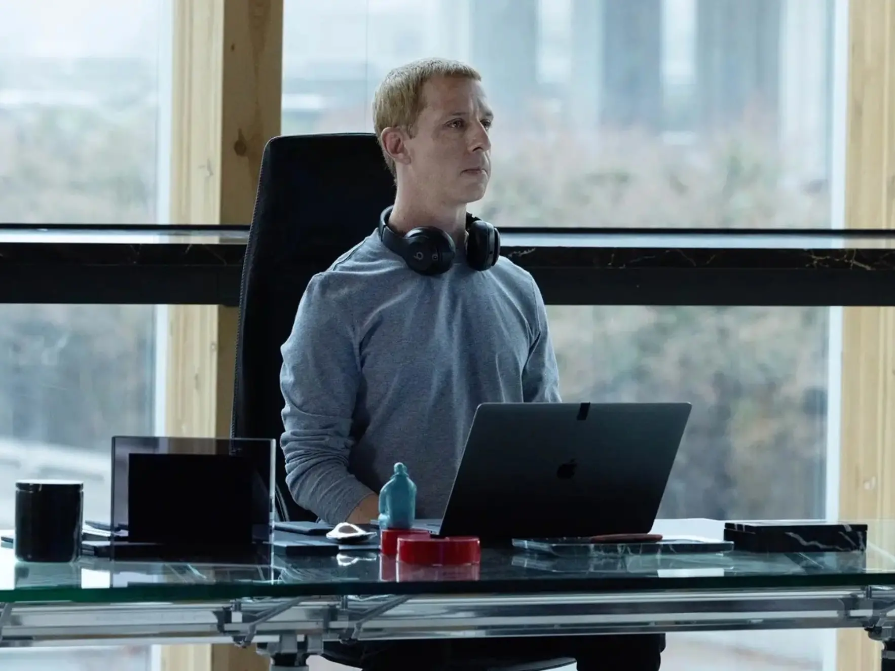 Jeremy Strong plays the role of Facebook and Meta founder Mark Zuckerberg in The Social Reckoning. Image: Sony Pictures