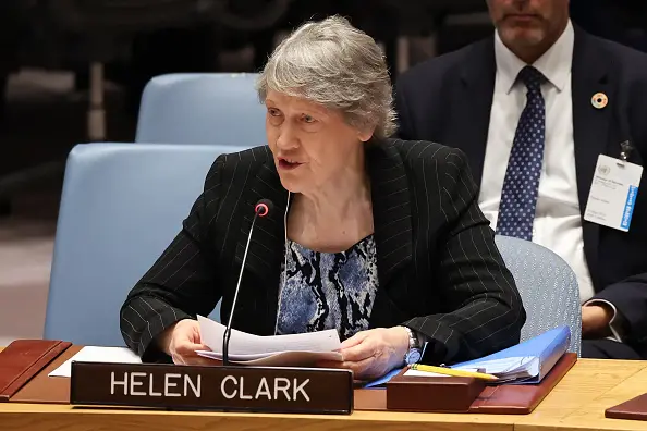 Helen Clark speaking at the United Nations in 2024. Photo: Getty Images
