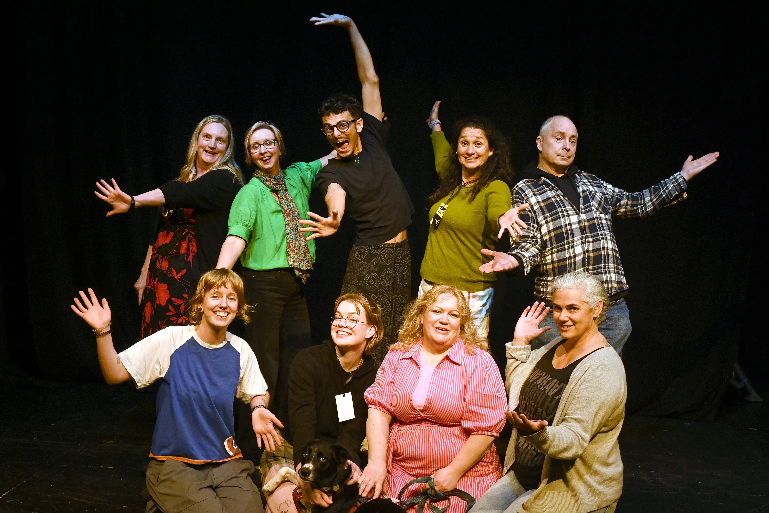 Performers and crew involved in the inaugural TAHI \\u014Ctepoti at the New Atheneum Theatre are (back, from left) Sally Richards, Nicola Brown, Abel Reveret, Moira Fortin, Richard Huber, (front, from left) Milla Swanson-Dobbs, Boots the dog, Ella Court, Ellie Swann and Hannah Molloy. Photo: Linda Robertson