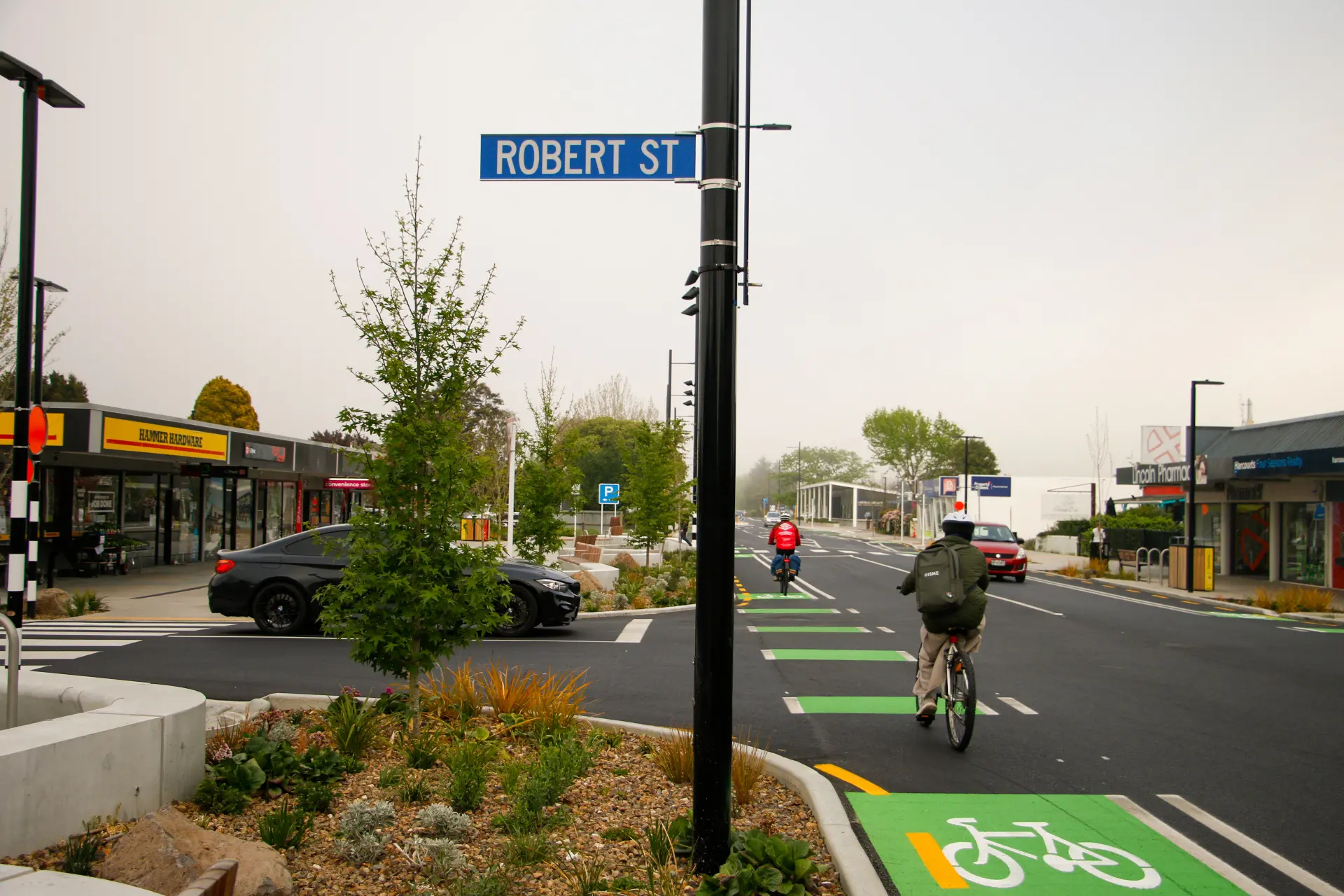 Trees planted along Gerald St as part of the Lincoln town centre upgrade are blocking motorists\\u2019 views of cyclists. Photo: Daniel Alvey
