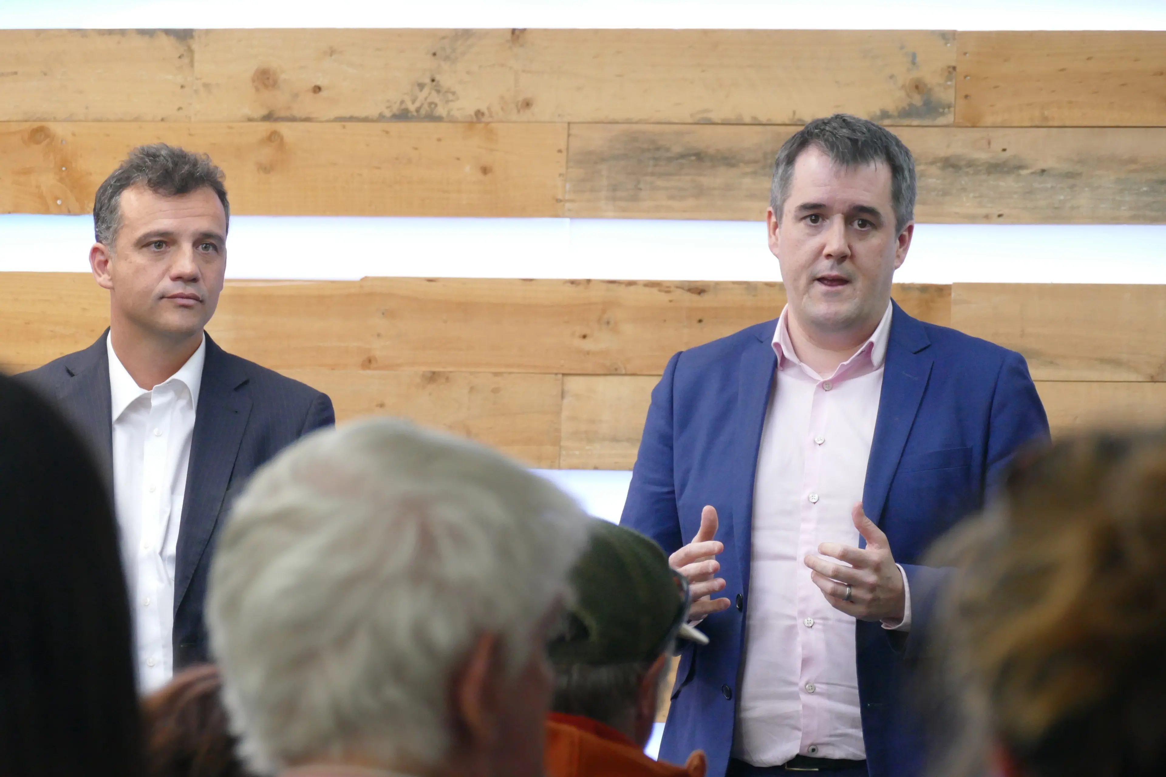 Change of tune: Southland MP Joseph Mooney and Housing, Infrastructure and Transport Minister Chris Bishop pictured at a meeting in Queenstown in April, 2023, when Bishop stated law changes could virtually happen overnight. Photo: Archive