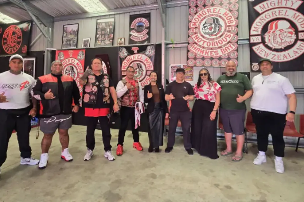 Te P\\u0101ti M\\u0101ori MP Oriini Kaipara (centre) with Green candidates H\\u016Bhana Lyndon and Michel Mulipola (second and third from right), along with the Mongrel Mob\\'s Harry Tam (centre) and other members. Photo: FACEBOOK / SUPPLIED