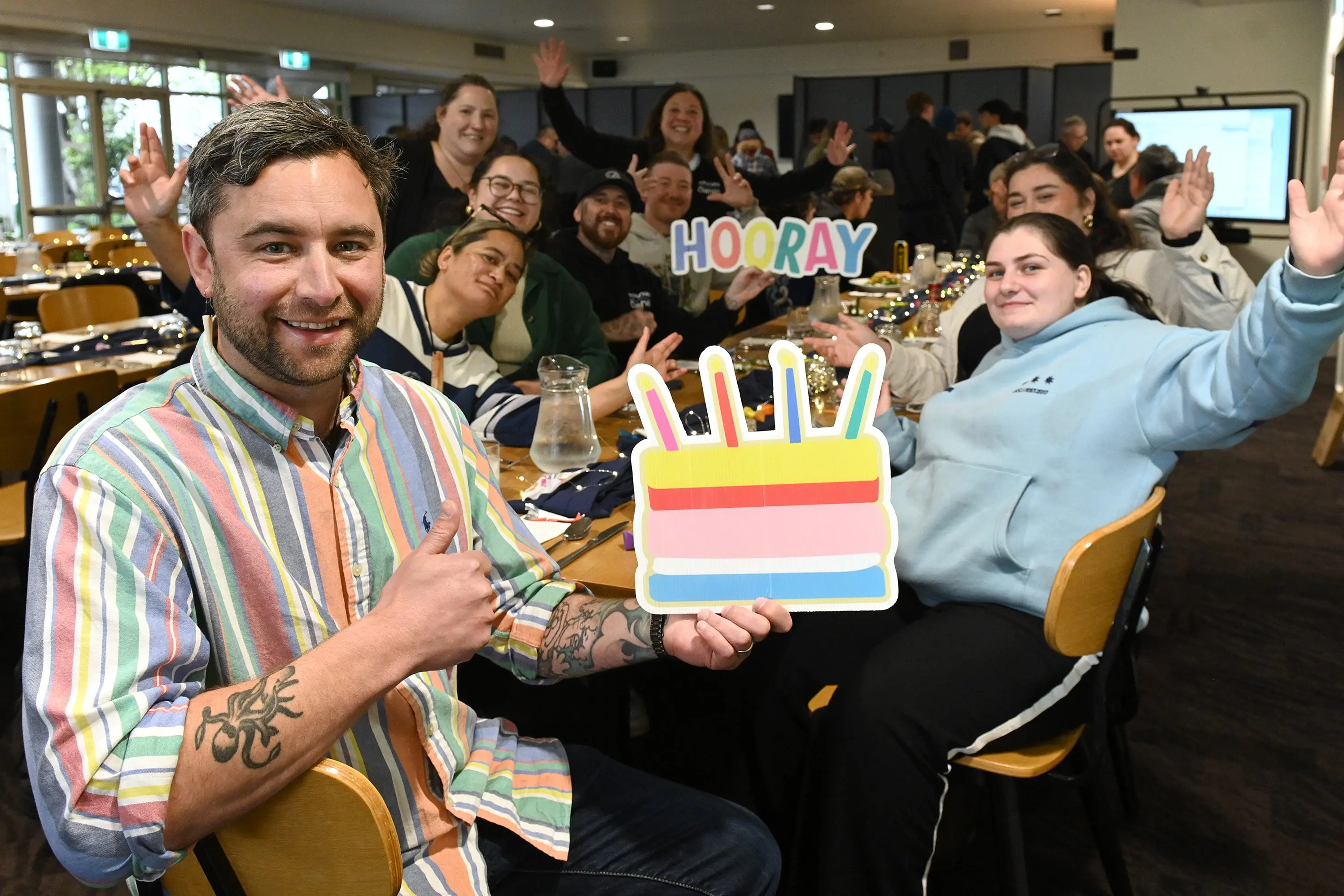 Chad Steiner-Mitchell with other past and present Otago Polytechnic students and staff celebrating the 10th anniversary of Te Punaka \\u014Cwheo, a dedicated support office for M\\u0101ori \\u0101konga, or students. Photo: Linda Robertson
