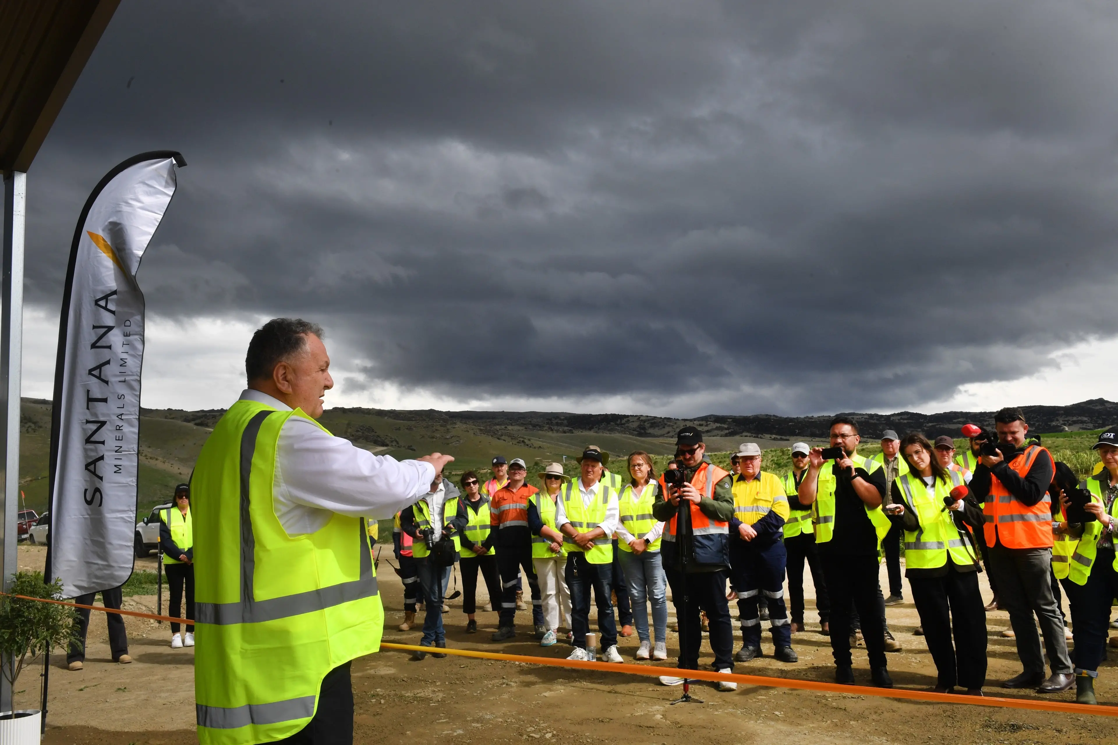 Dark clouds hover over the proposed Santana mine site as mining minister, Shane Jones, prepares to open their Exploration base. photo Stephen Jaquiery