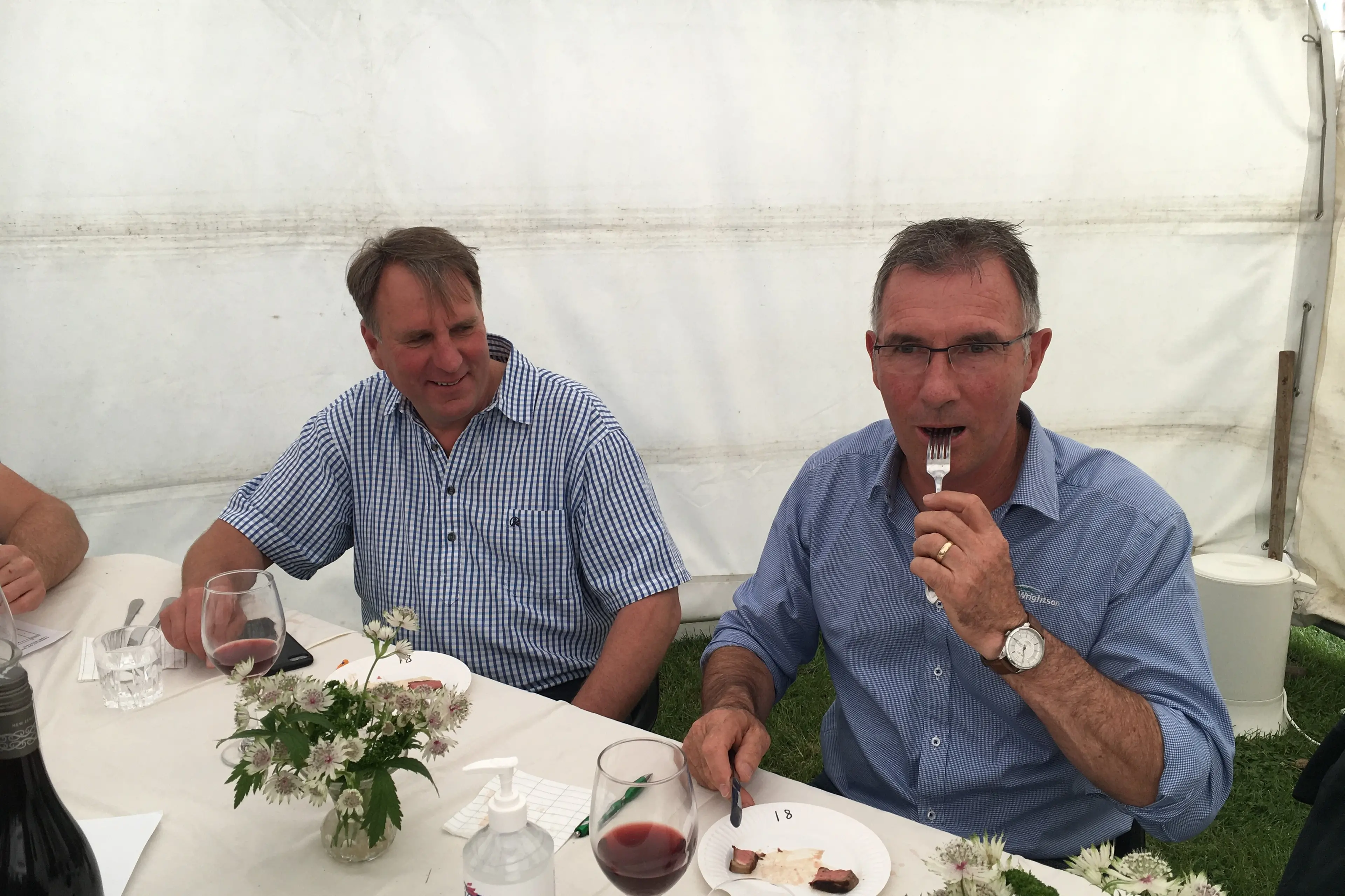 Taste test . . . Mark Woelders (left) and Kevin Rowe taste some meat cuts during judging at a past Amberley A&P Show \\u2018\\u2018hoof to hotplate\\'\\' competition. Photo: File