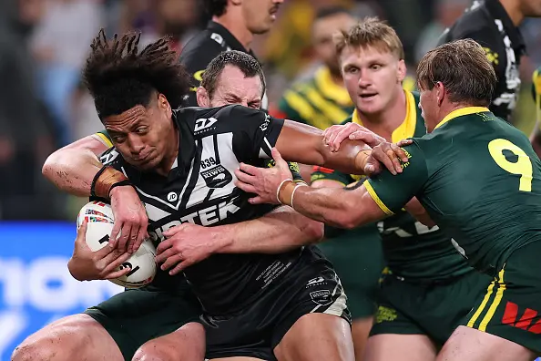 Naufahu Whyte of New Zealand is tackled during the 2026 Men\\'s Rugby League World Cup match at Allianz Stadium. Photo: Getty Images