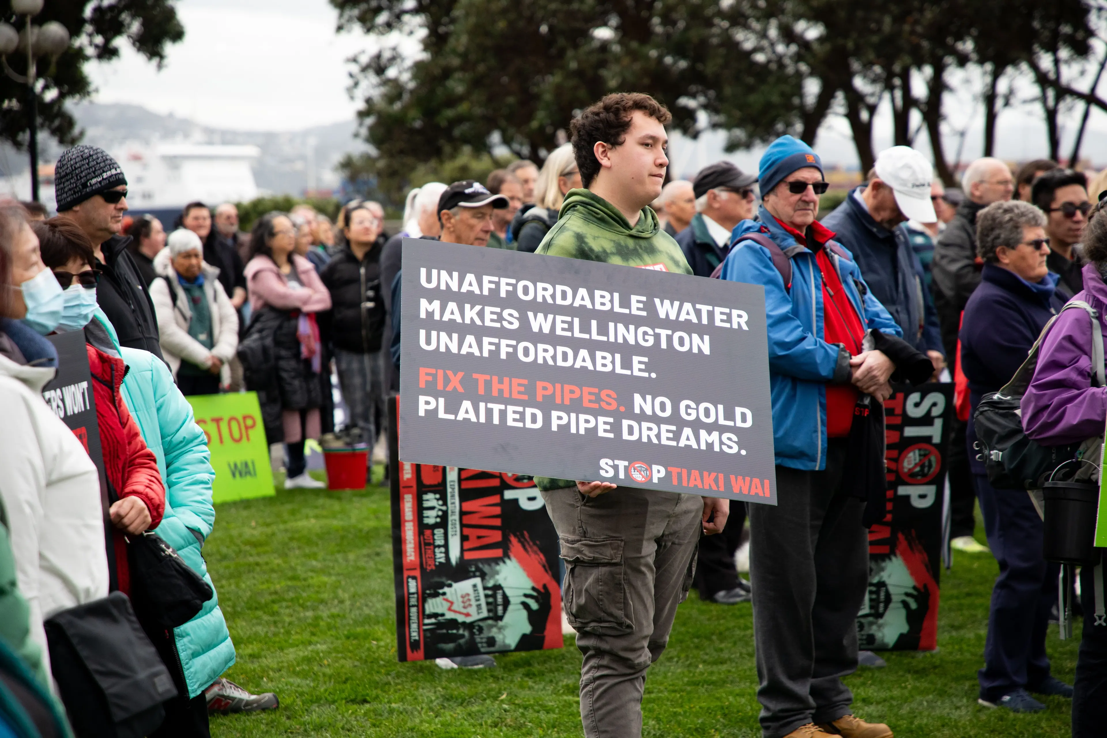 About 300 people protested in central Wellington in August to raise concerns about their water bills in a cost of living crisis, as part of the Stop Tiaki Wai group. Photo: RNZ / Baz Macdonald