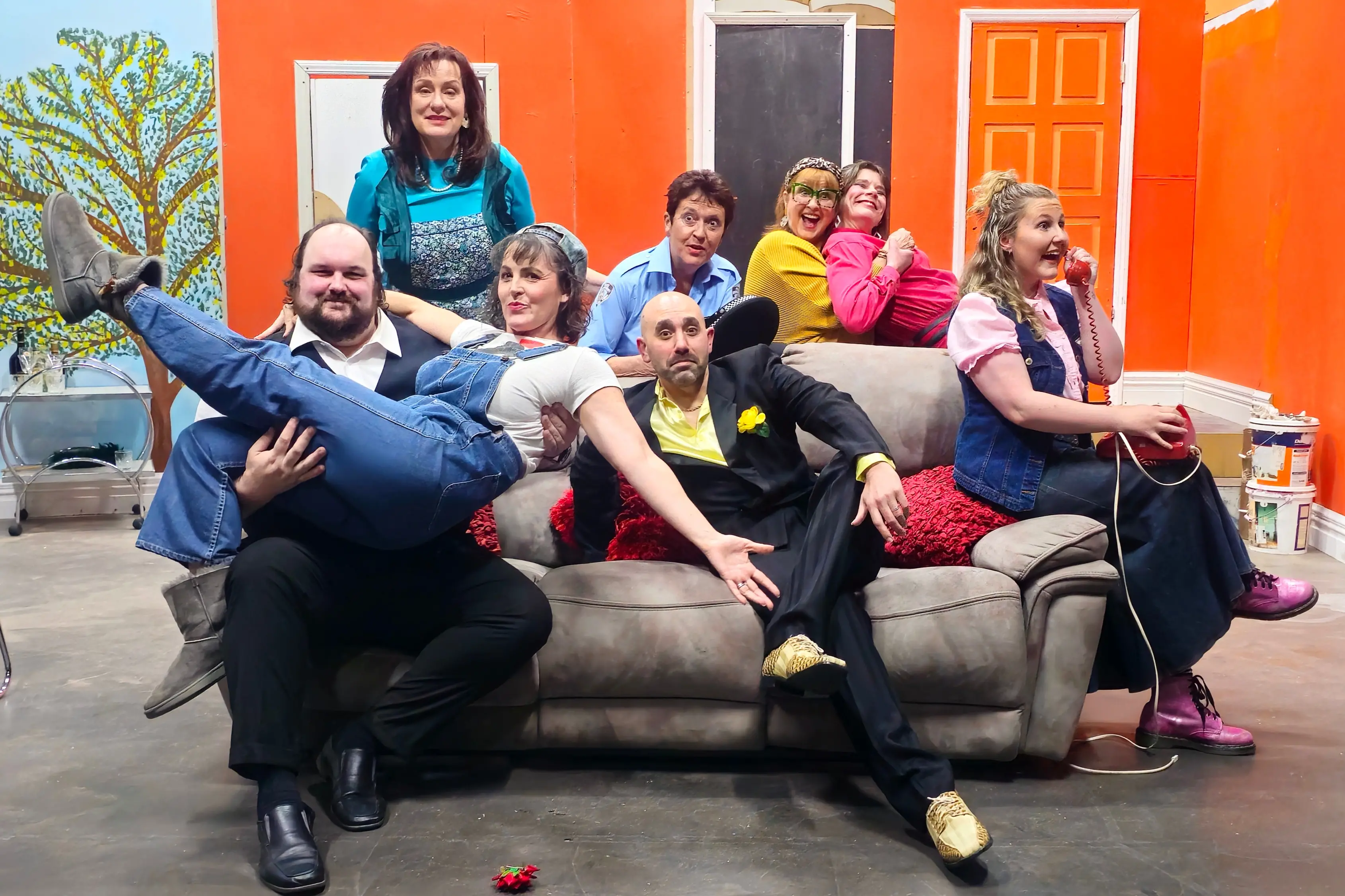 Taking to the stage for the South Canterbury Drama League production of The Odd Couple \\u2013 Female Version are (back, from left) Michele Keggenhoff (Florence Unger), Jessie Cook (Micky), Sian Wilkinson (Vera), Sian Leyland (Renee), (front, from left) Karel Hill (Manolo Costazuela), Suzan Anderson (Olive Madison), Luke Jedd (Jesus Costazuela) and Georgia Lines (Sylvie). Photo: Connor Haley