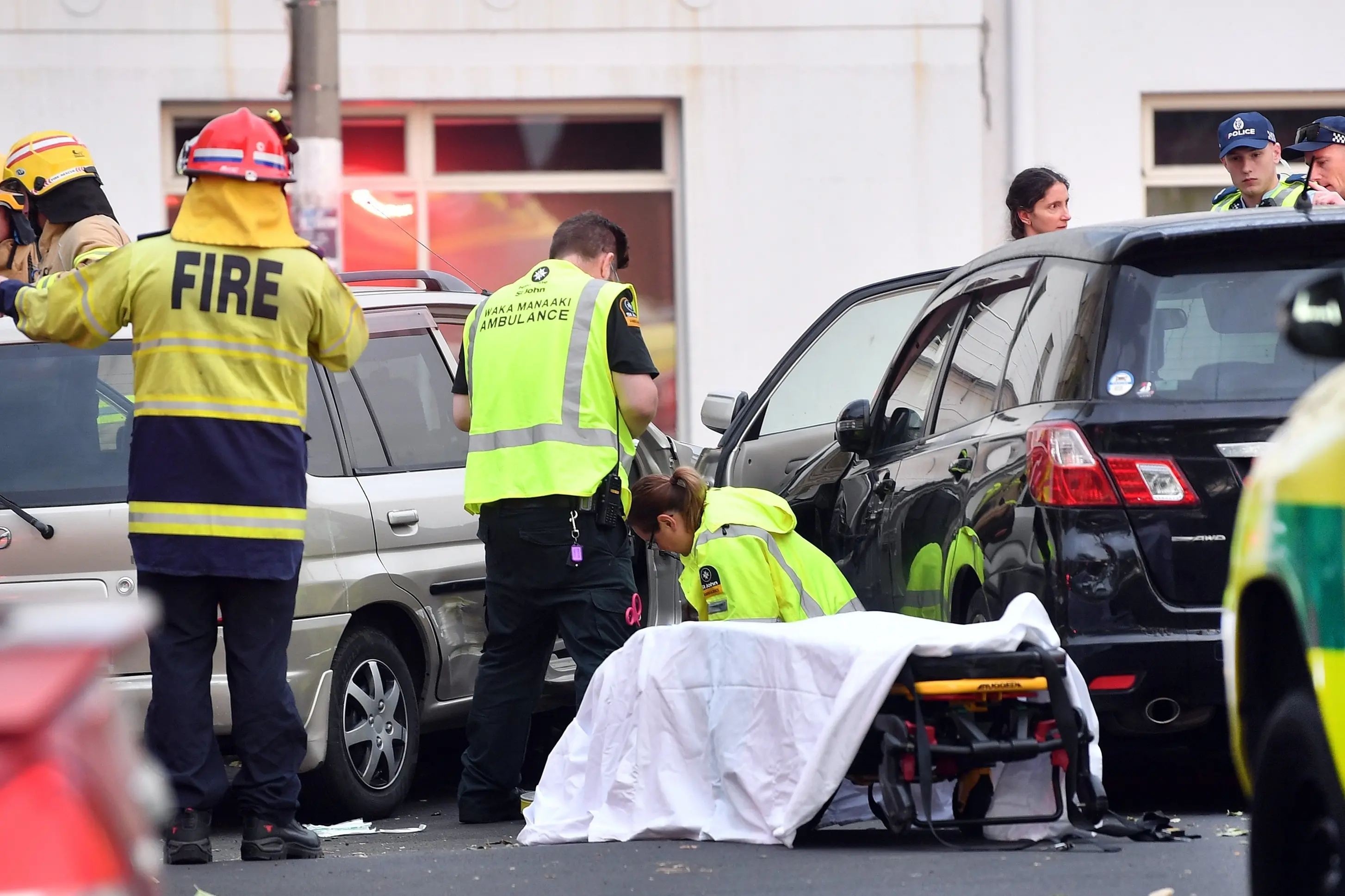 Emergency services at the crash on Tuesday morning. Photo: Stephen Jaquiery