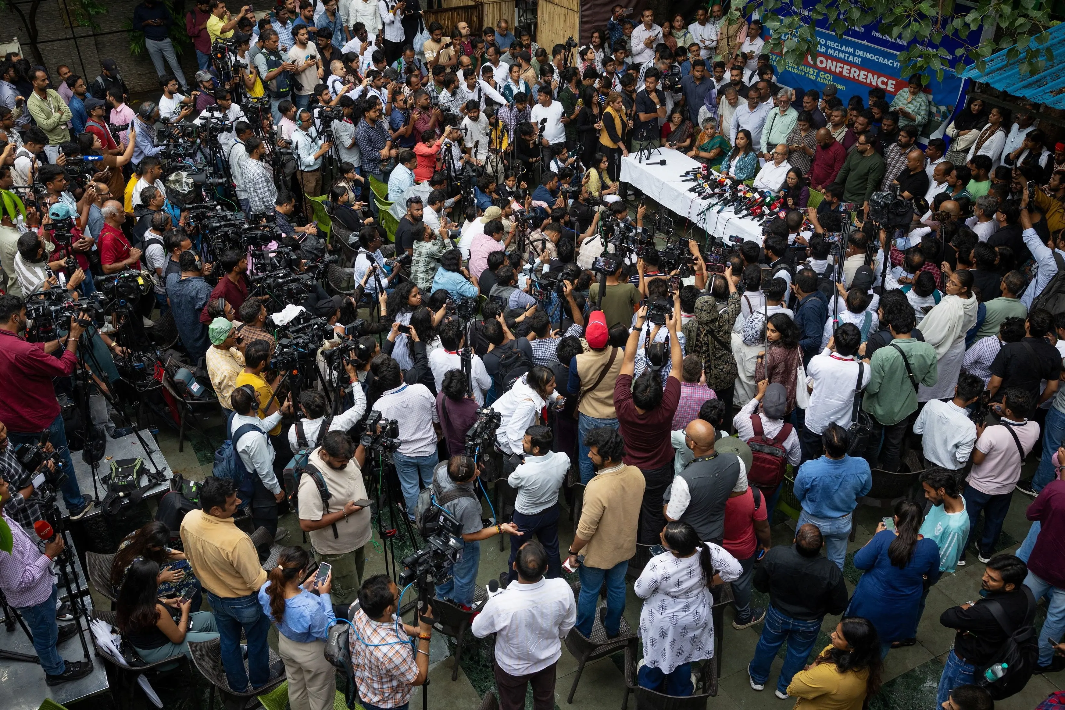 Abhijeet Dipke, founder of the Cockroach Janata Party (CJP) addresses a press conference in New Delhi. Photo: Reuters