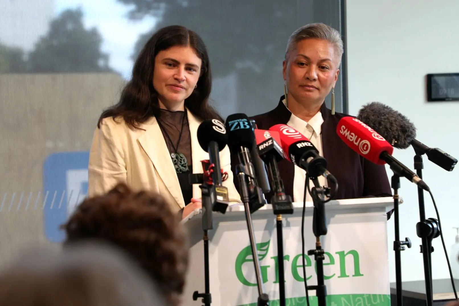 Green Party co-leaders Chl\\u00F6e Swarbrick (L) and Marama Davidson. Photo: RNZ