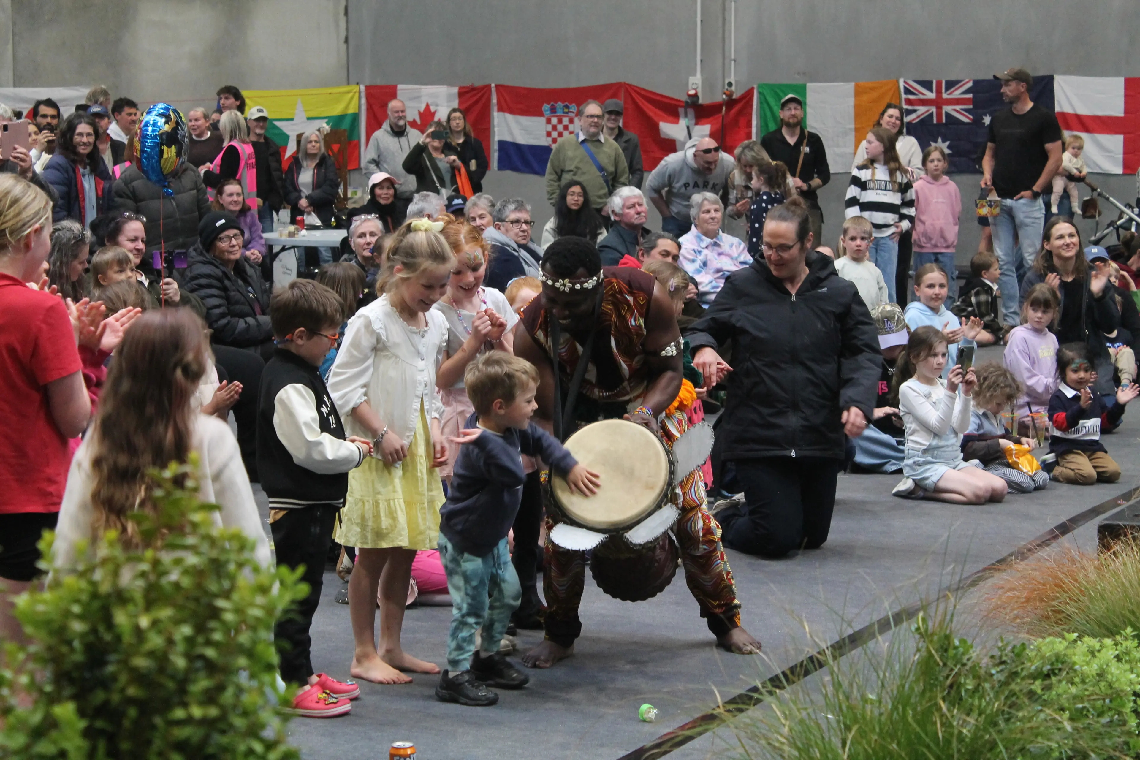 Robert Koffie Fugah of West African drumming troupe Kadodo Music bringing a ton of energy to their performance at the Culture Festival, where he got the crowd involved in a big way. Photo: Gerrit Doppenberg