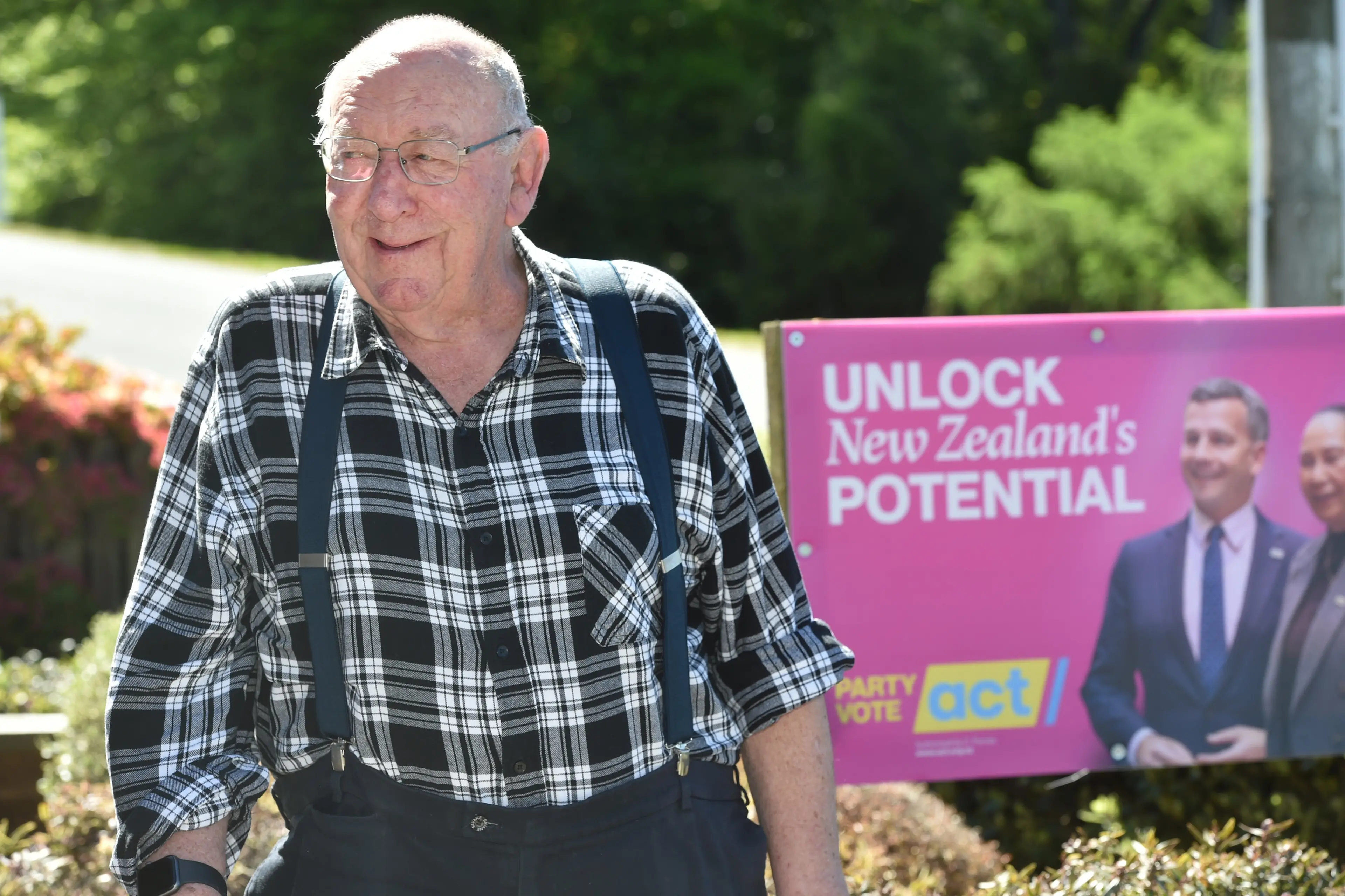 Retired farmer Bill Thompson with the Act Party election sign in his Eglinton Rd front garden. Photo: Gregor Richardson