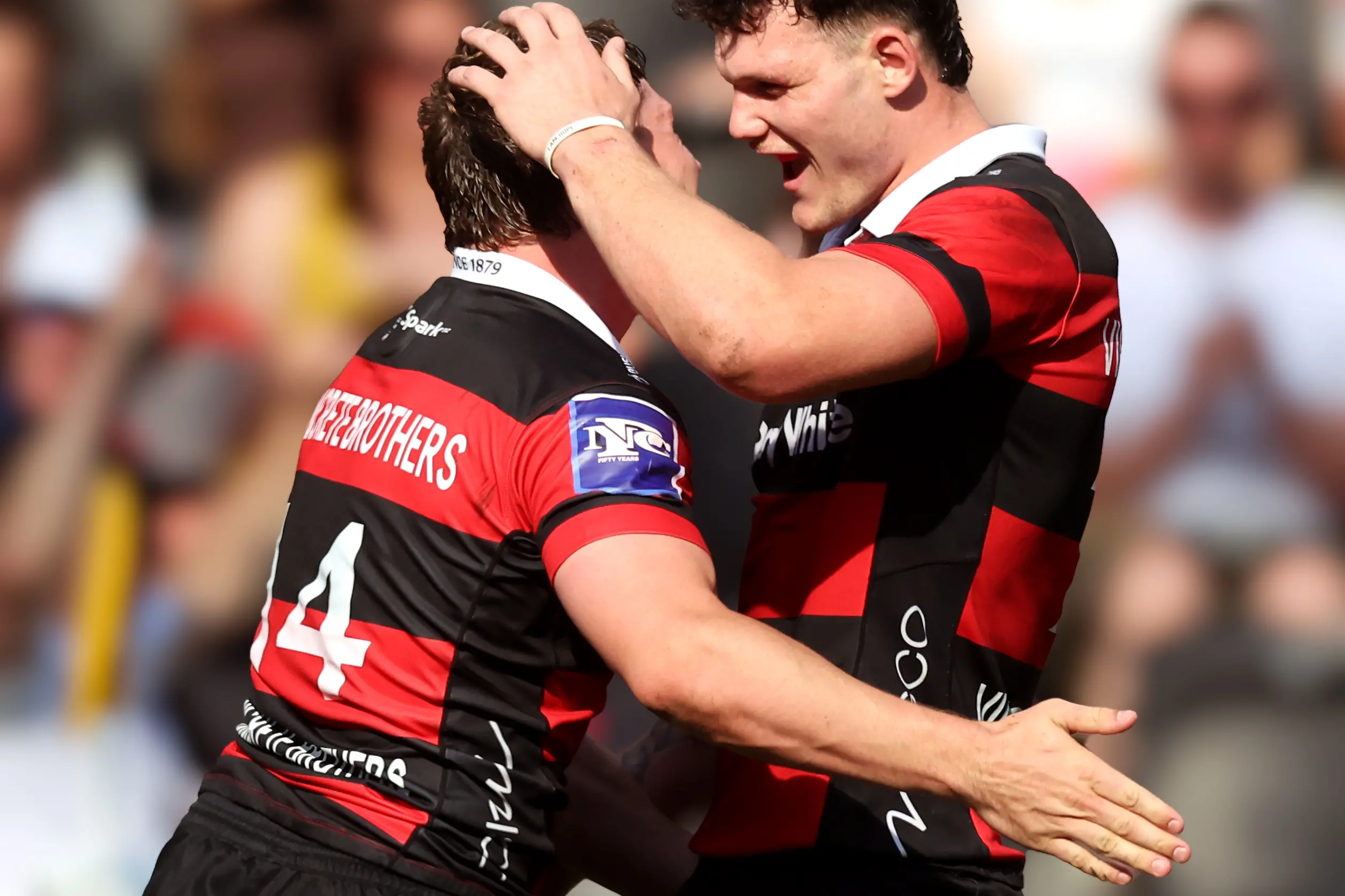 Canterbury wingers Isaac Hutchinson (left) and Kurtis Macdonald celebrate during the semifinal against Taranaki in Christchurch on Sunday. Photo: NZ Rugby/ Alphapix)