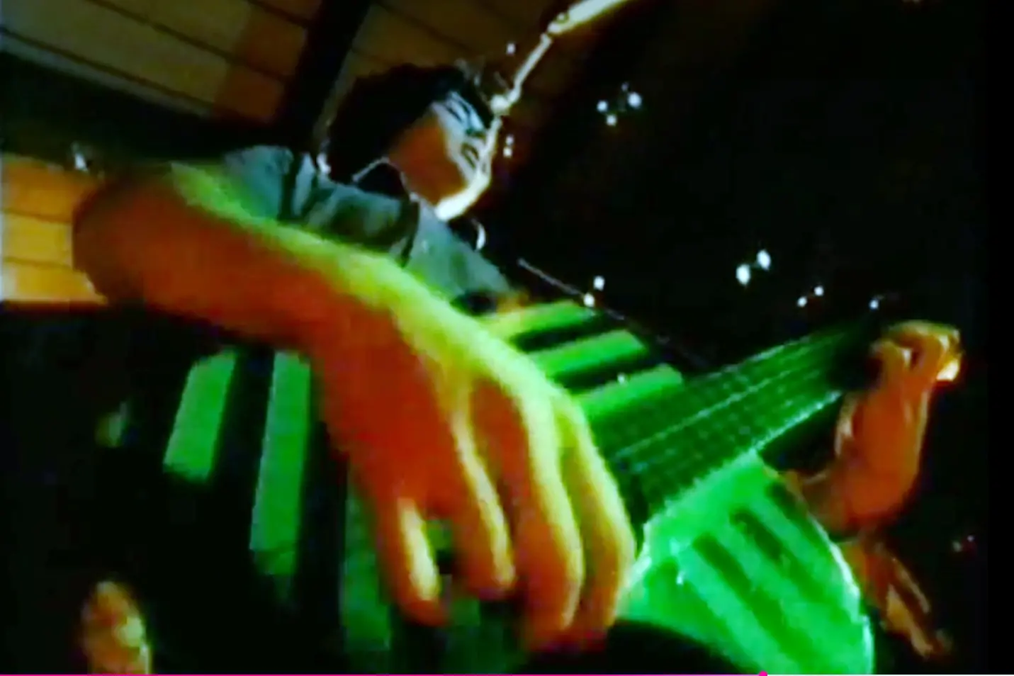 The striped guitar as it appeared in The Chills Kaleidoscope World music video, in 1982. Photo: Supplied