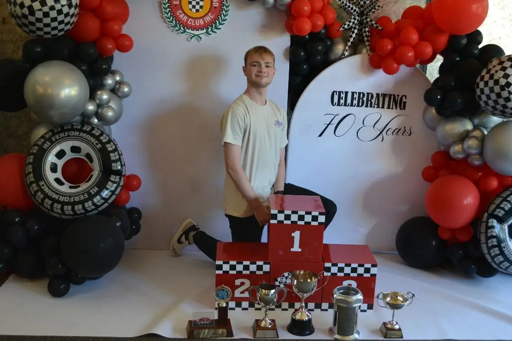 Eastern Southland Car Club Champion Ryan Howden with his trophies from a very successful season. Howden is the youngest ever club champion and had a hugely successful season in just the fourth year that he has competed. Photo: Glen Howden