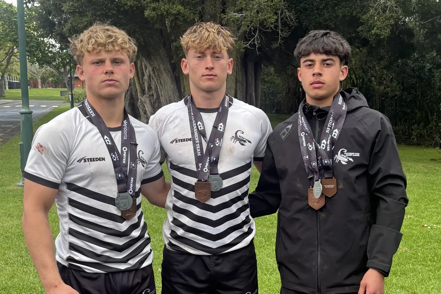 Off the back of a strong showing for the South Island Scorpions at the NZRL National Youth Tournament, Aoraki players (from left) Lian Knoetze, Boston Davis and Jackson Robinson have been named in the New Zealand Residents under-16 side. Photo: Supplied