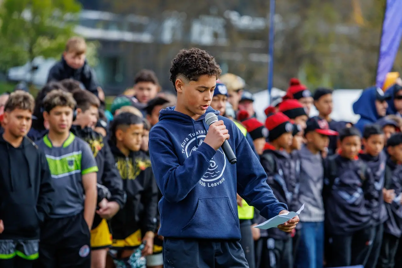 Rousing welcome: Queenstown Primary deputy head boy Lohan Pedrosa was part of his school\\u2019s stirring welcome to Global Games Kiwi Junior League Festival players, coaches and wh\\u0101nau\\u00A0last Friday. Photo: Supplied