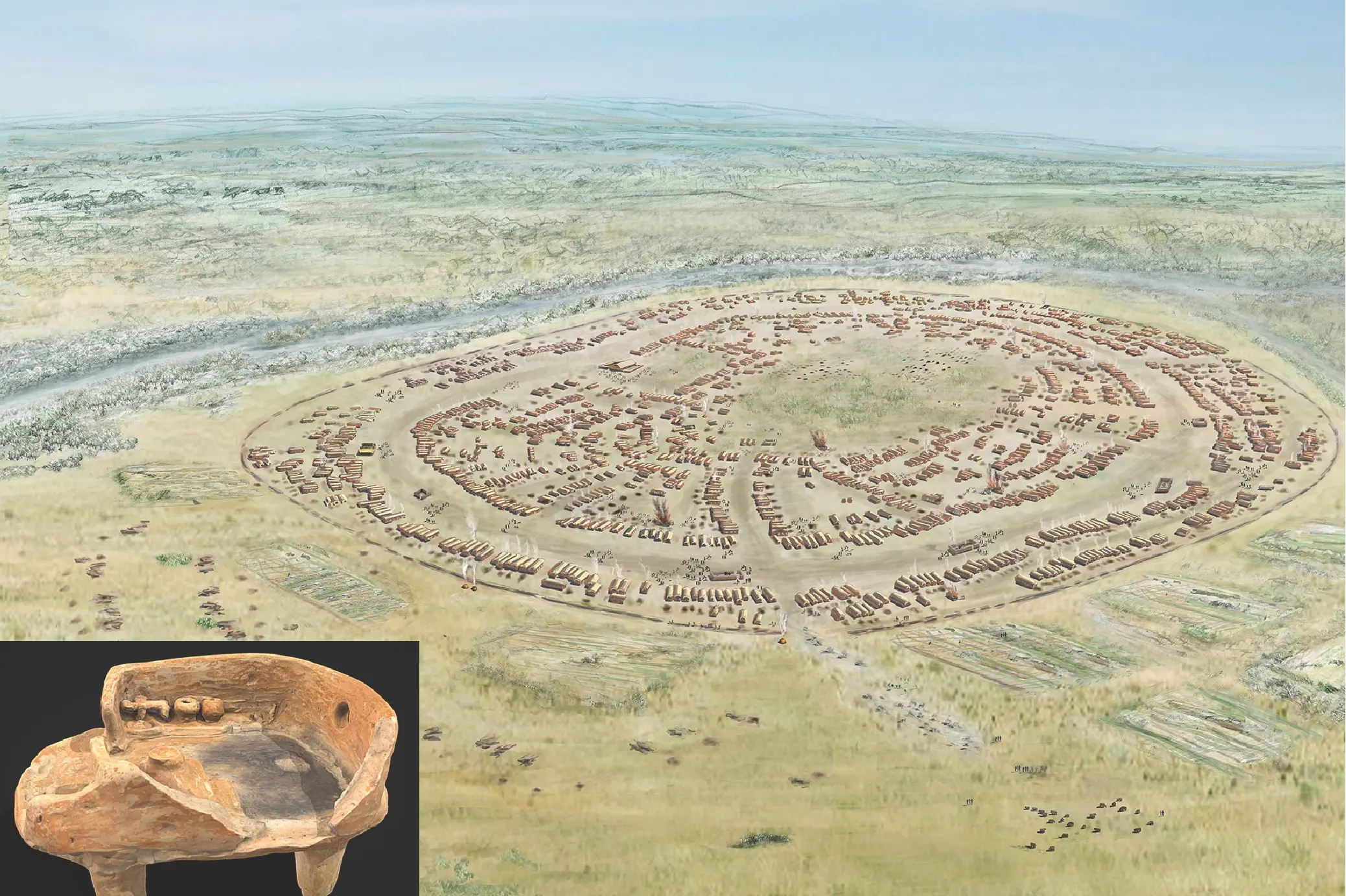 A reconstruction of the mega site of Maidanetske in the Ukraine, occupied 6000 years ago, with (inset) a house model showing a woman grinding grain, with an oven in the foreground. Photo: Susanne Beyer, CC BY 4.0 (https://creativecommons.org/licenses/by/4.0), via Wikimedia Commons