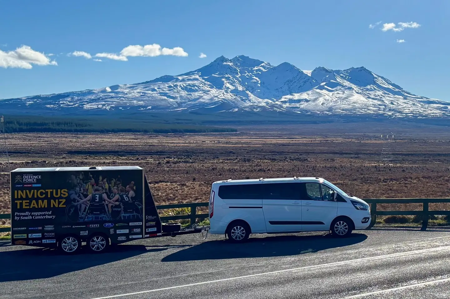 The South Canterbury funded NZDF Invictus Games Team trailer makes a stop in front of Mt Ruapehu on its way up the country. Photo: Supplied