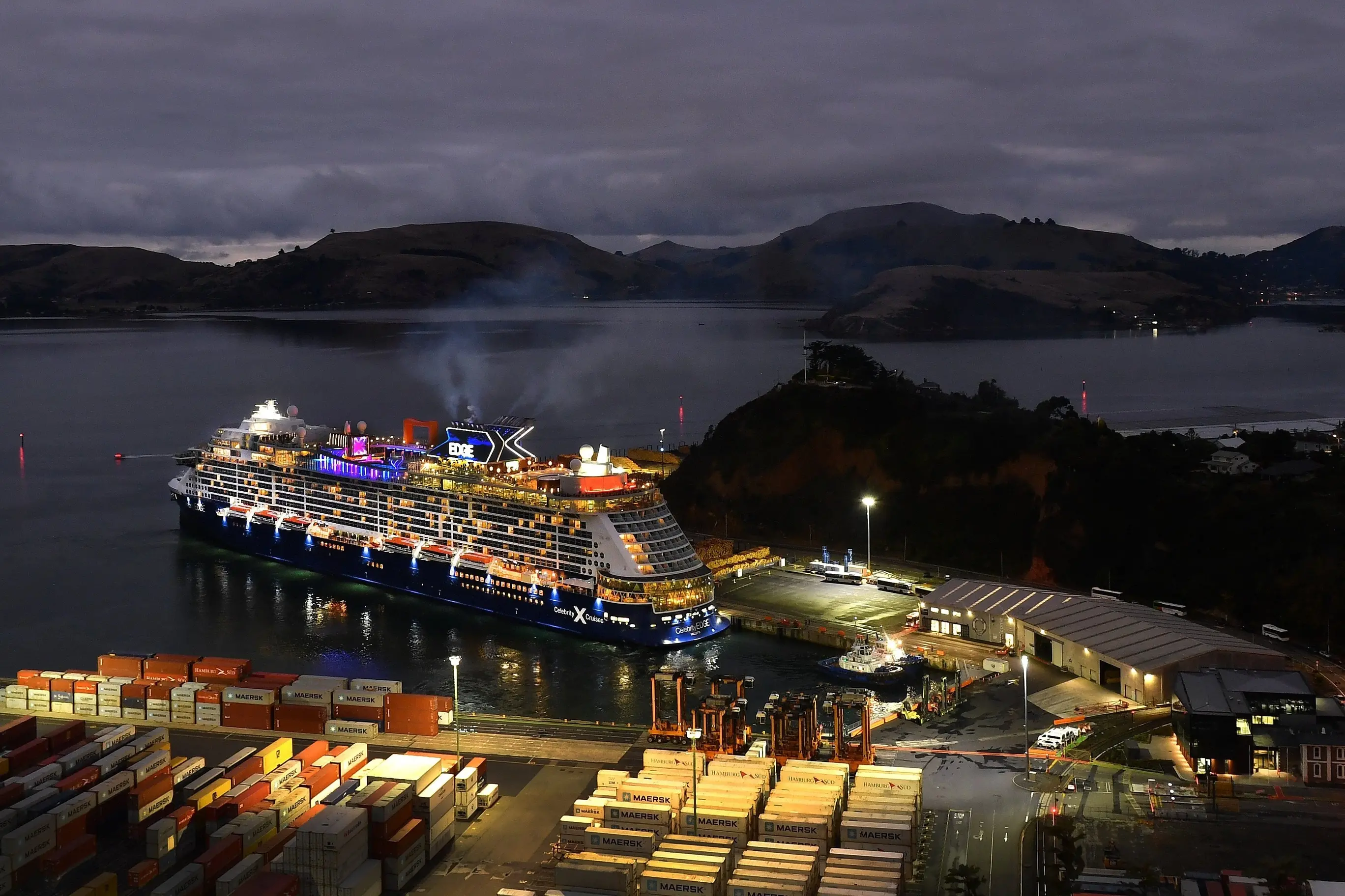 Rise and shine . . . A smattering of cabin lights are on as Celebrity Edge, the second last cruise ship for the season docks in Port Chalmers on Easter Monday in 2024.Photo: Stephen Jaquiery