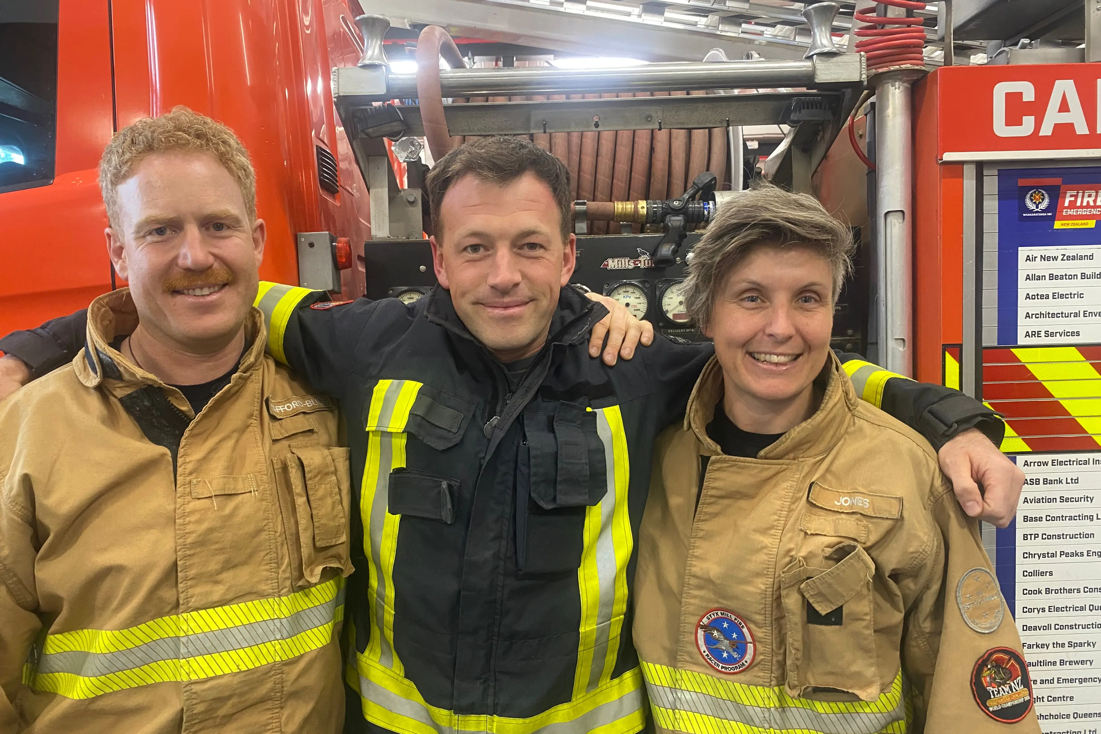 Fired up for the worlds: Queenstown fireys Sam Stafford-Bush, left, Lee Winter and Claire Jones before leaving last Saturday for the Firefighter Challenge World Championship in the US. Photo: Philip Chandler