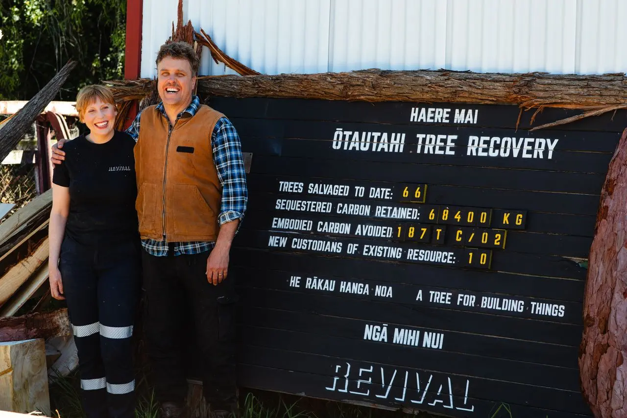 Rob and Stephanie Neville opened \\u014Ctautahi Tree Recovery in May with the core mission of salvaging and using trees from across the city. Photo: Chloe Langley
