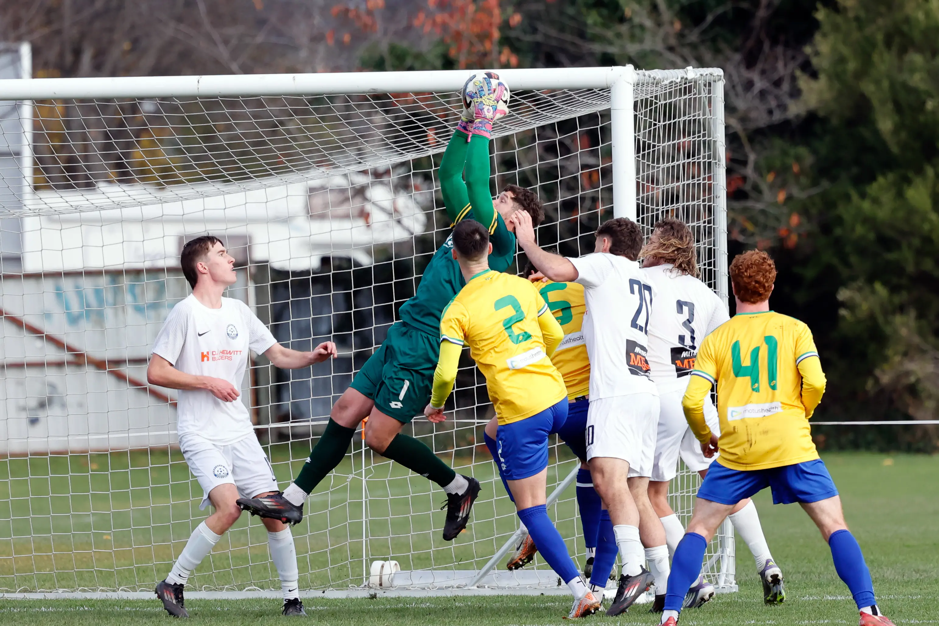 Cashmere Technical goalkeeper Pieter-Taco Bierema leaps to claim the ball when the teams last met in June. PHOTO: DUST MEDIA