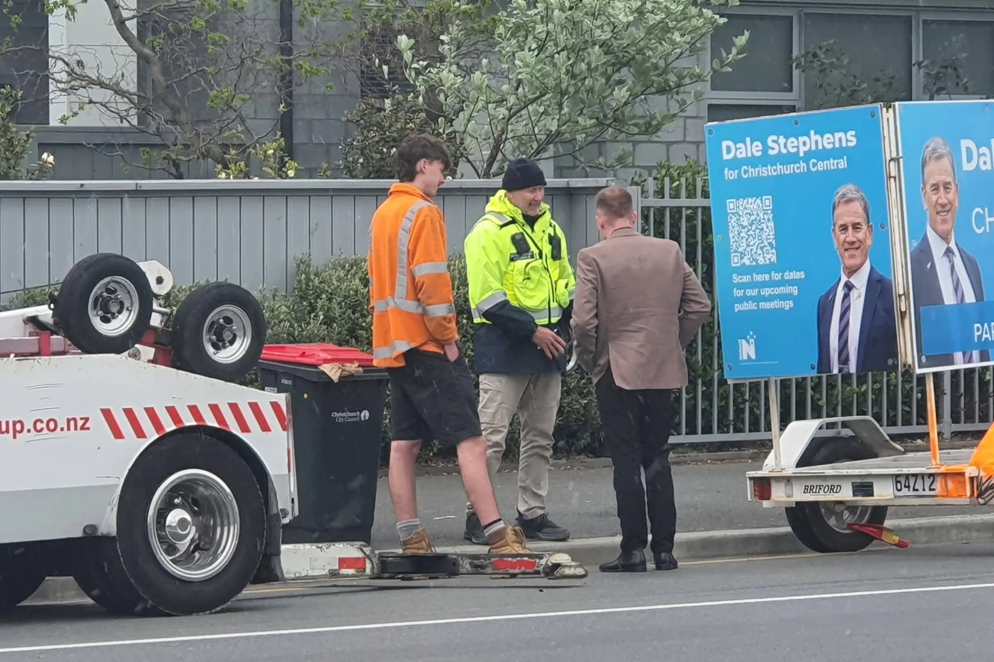 A political billboard trailer for Dale Stephens parked on yellow lines, blocking a lane on Cranford St. Photo: Supplied