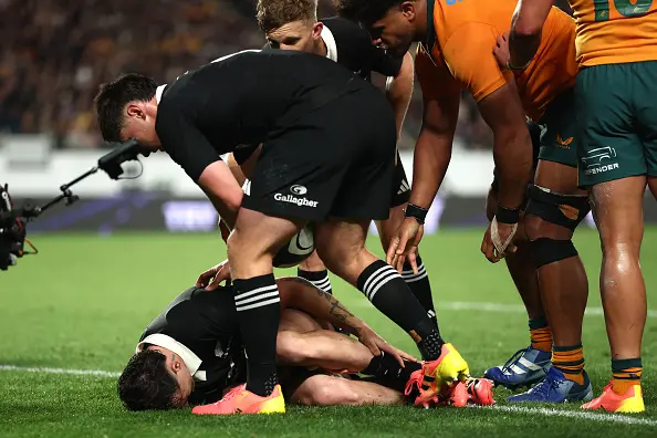 Leroy Carter is injured during the opening Bledisloe Cup test against Australia. Photo: Getty Images