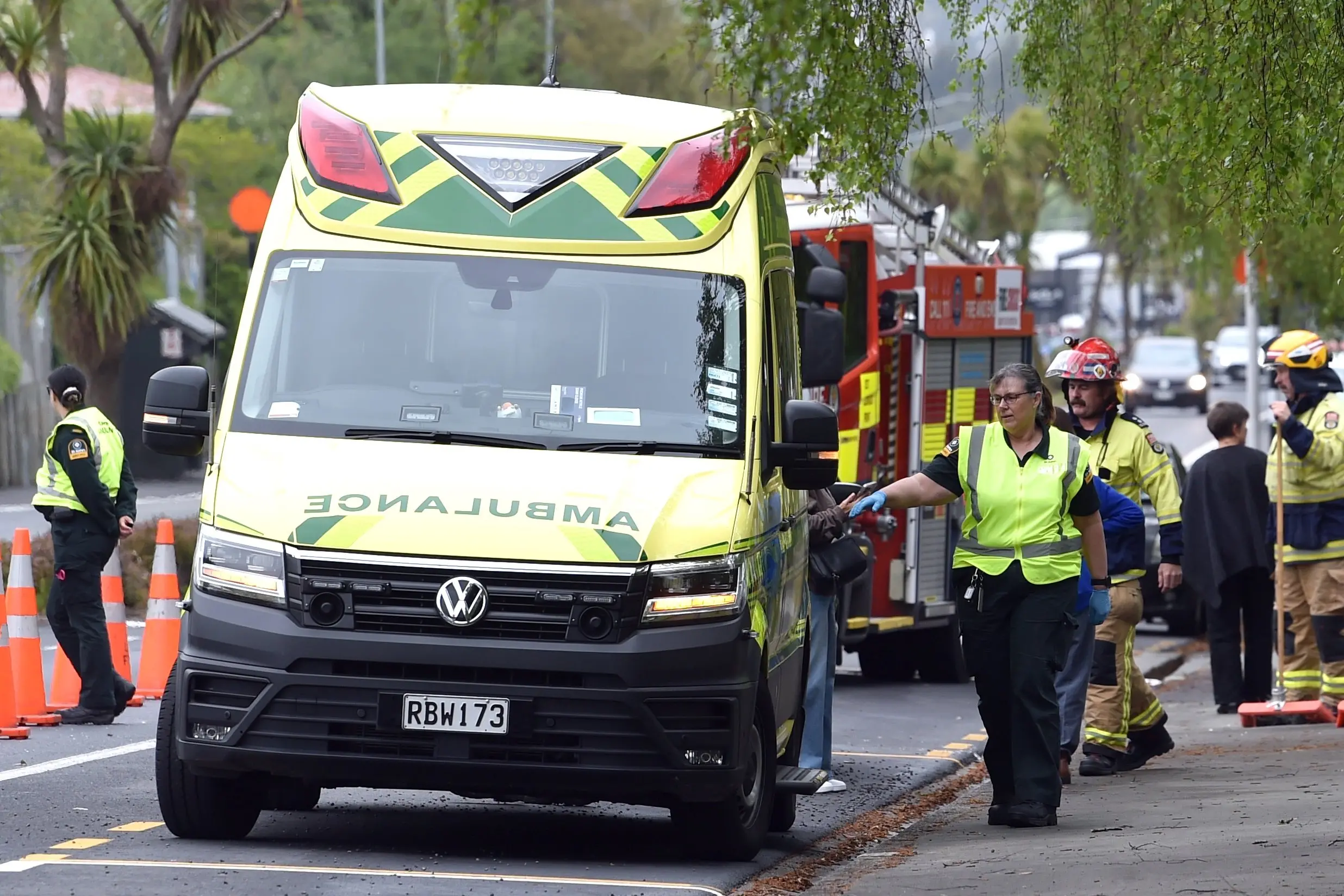 Emergency services respond to the scene of a crash outside Kaikorai Valley College on Tuesday. Photo: Peter McIntosh