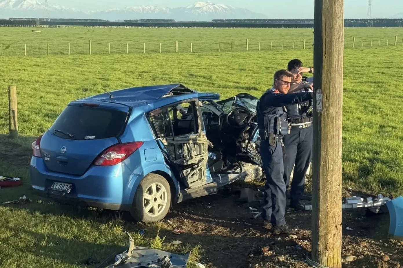 Ashburton Volunteer Fire chief Jeff Marshall said the driver of a car that hit slid across the road colliding with a pole was very lucky to walk away. Photo: Supplied