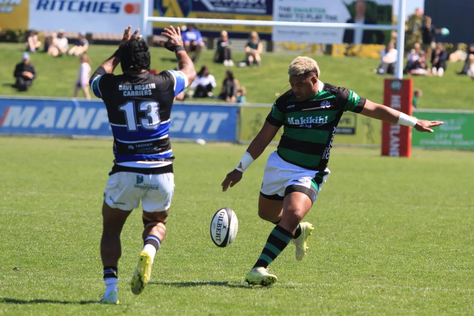 South Canterbury first five Patelesio Oneone slots a drop goal. Photo: Nettys Rugby Pics