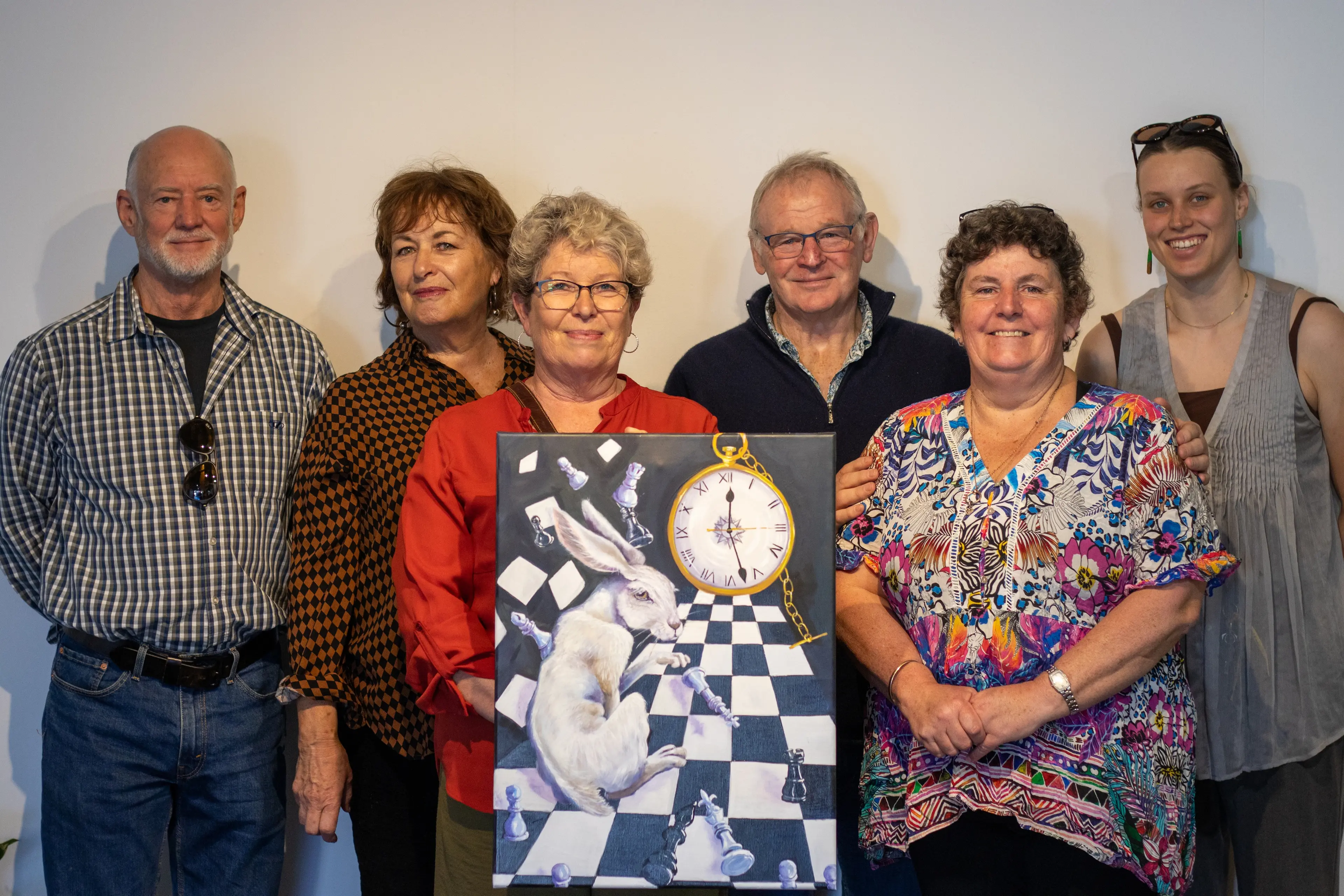 South Canterbury Art Society committee members (from left) Tom Trower, Vicki Truman, Liz Leroy, Mark Buckley and Tanya McAughtrie, along with Aigantighe exhibitions curator Izzy Hillman\\u00A0celebrate the successful opening of the society\\'s annual art exhibition and awards. Photo: Supplied