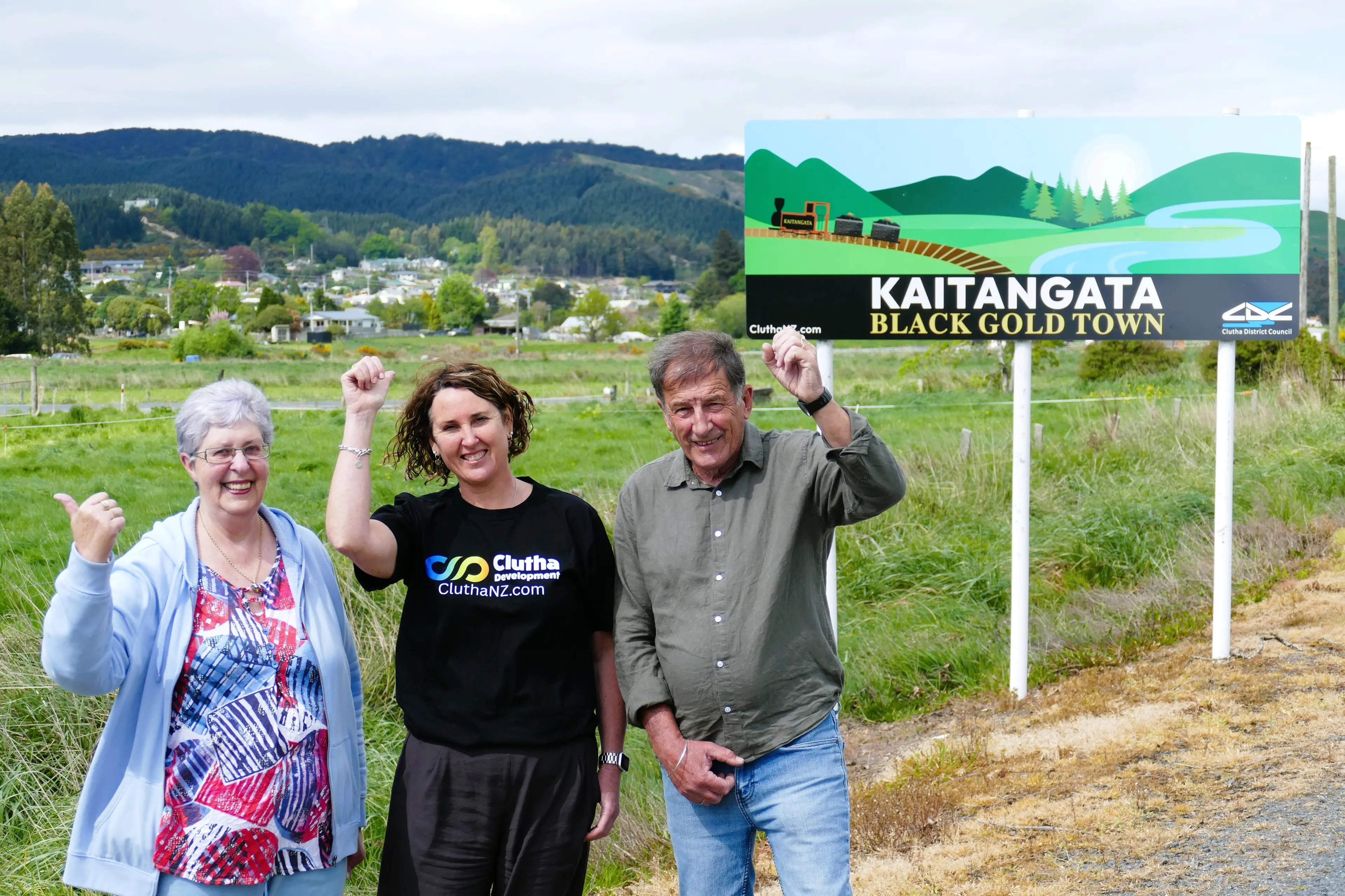 Celebrating Kaitangata\\'s formal inclusion on the Southern Scenic Route on Tuesday are, from left, Kaitangata Promotions spokeswoman Joyce Beck, Clutha Development destination development manager Sarah Homer, and Clutha District Kaitangata-Matau ward Cr Bruce Graham. Photo: Richard Davison