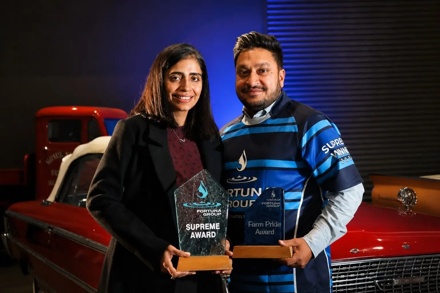 Mahia Dairies contract milkers Jass Kaur (left) and Jippy Singh were the supreme winners at the 2026 Fortuna Awards. Photo: Supplied