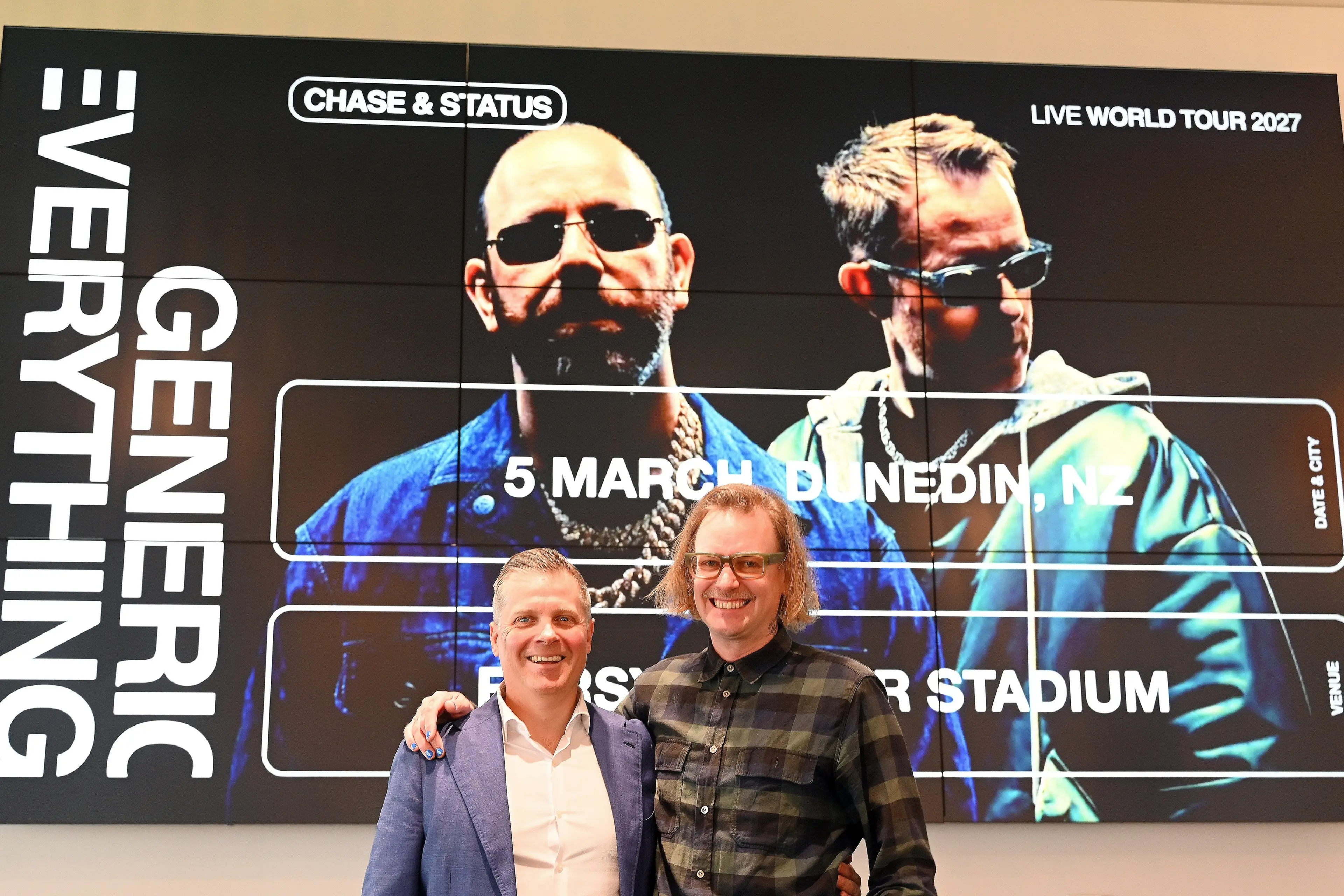 Dunedin Venues chief executive Phil King (left) and Ticketek Entertainment Group head of touring New Zealand David Benge at the Chase & Status concert announcement at Forsyth Barr Stadium on Tuesday. Photo: Craig Baxter