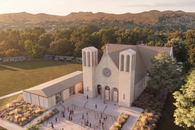 The Cathedral of the Blessed Sacrament. The front elevation shows two bell towers, a rose window and three portals that represent the Holy Trinity. Photo: Warren and Mahoney